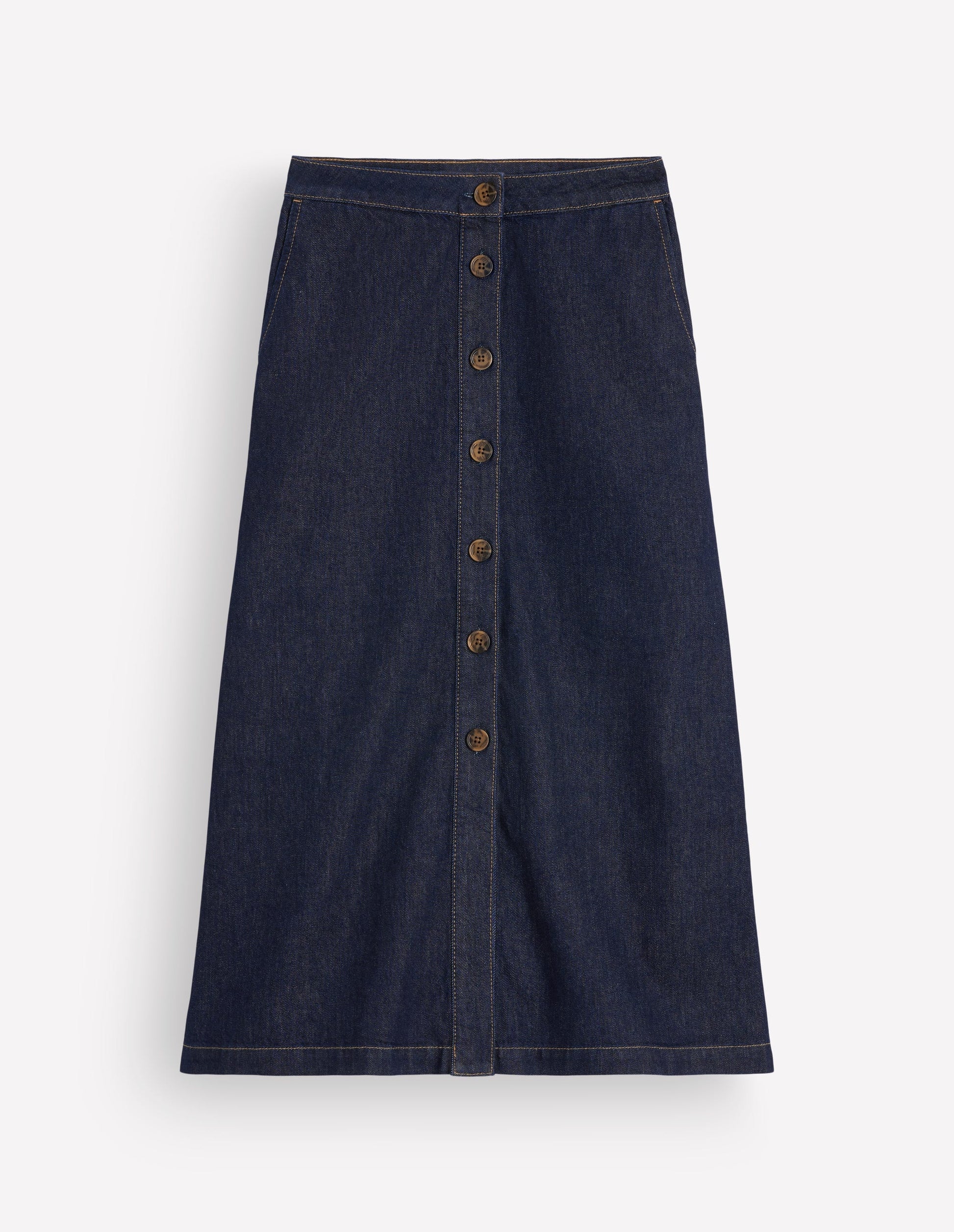 Val Button Denim Midi Skirt-Indigo-5