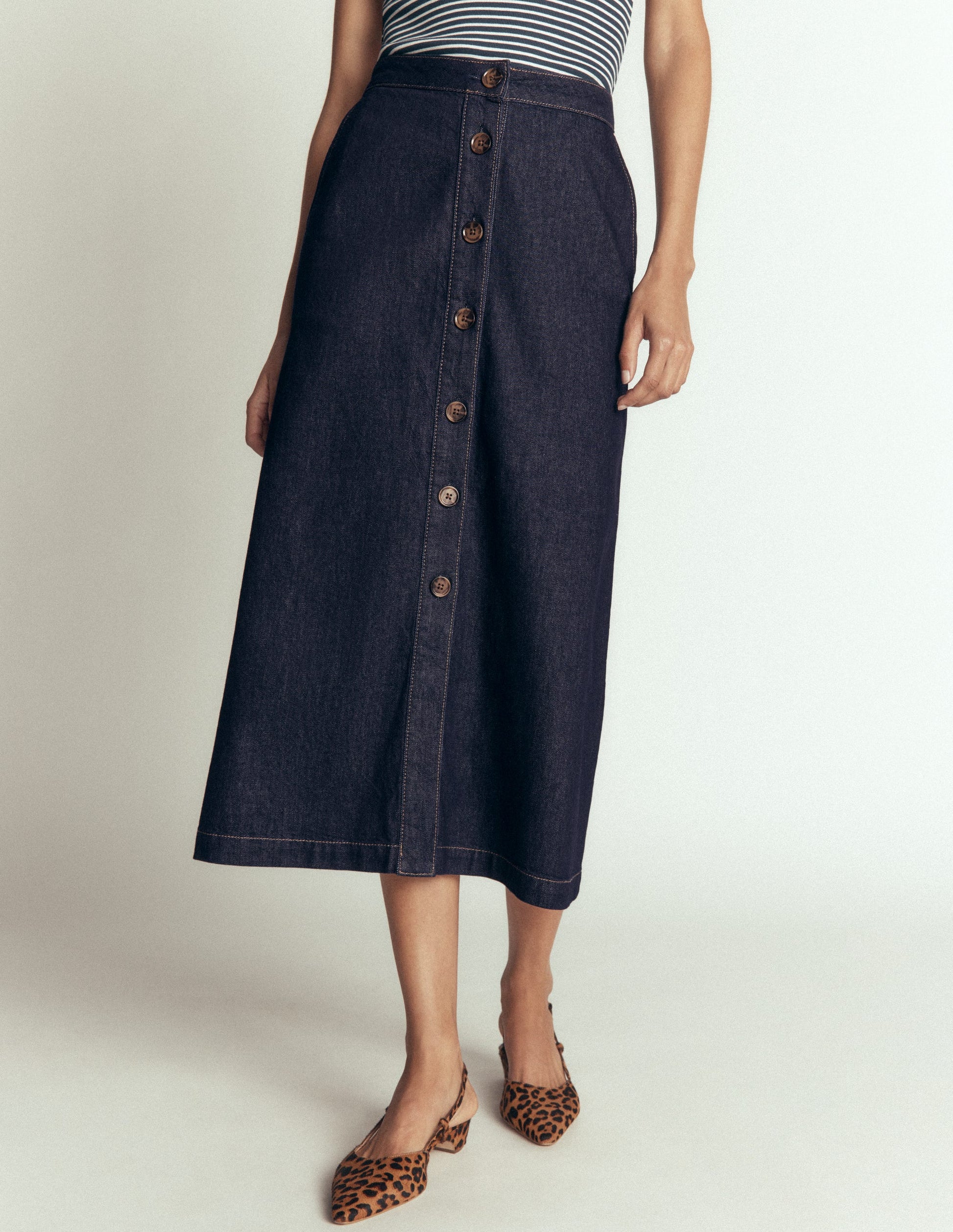 Val Button Denim Midi Skirt-Indigo-4