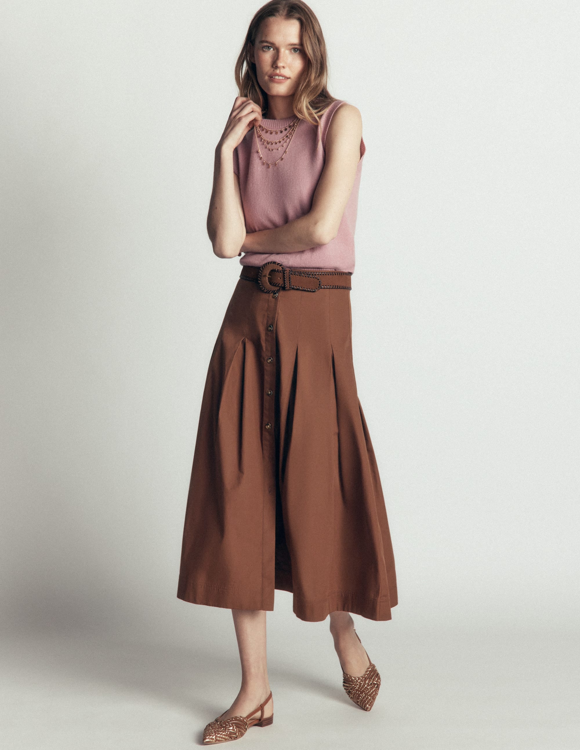 High Waist Pleated Skirt-Raw Umber - Image 1