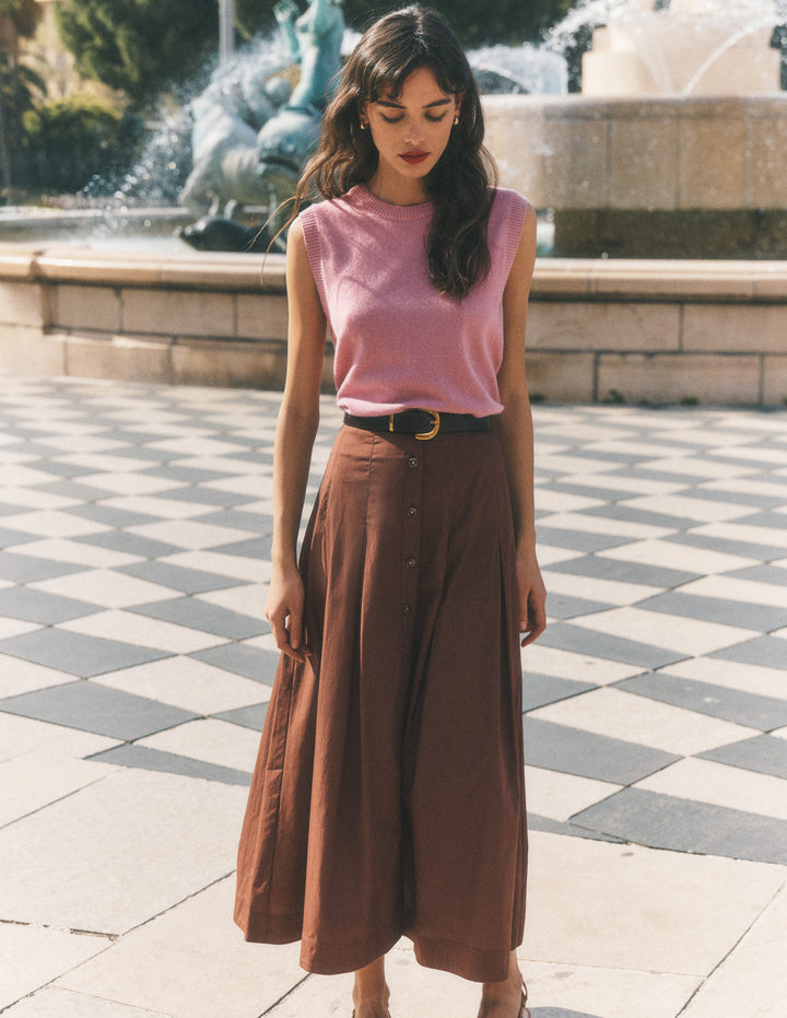 Button Front Pleated Skirt-Raw Umber