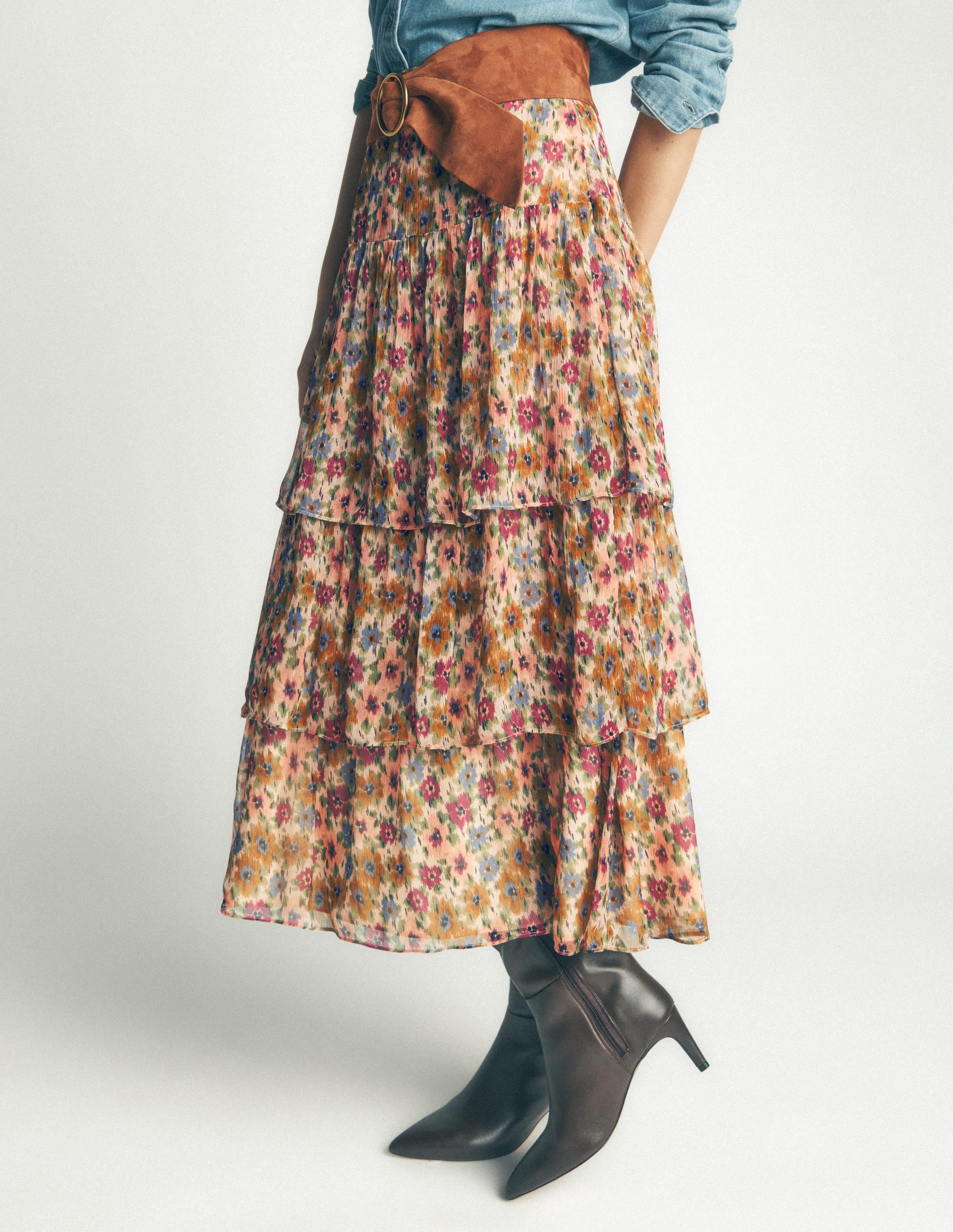 Tiered Ruffle Midi Skirt-Multi, Flecked Garden - Image 6