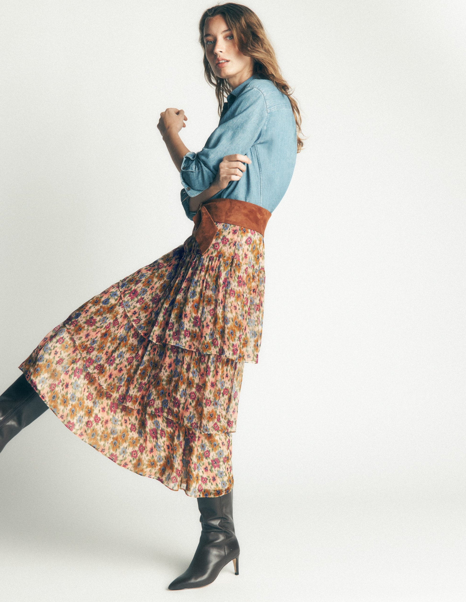 Tiered Ruffle Midi Skirt-Multi, Flecked Garden-8