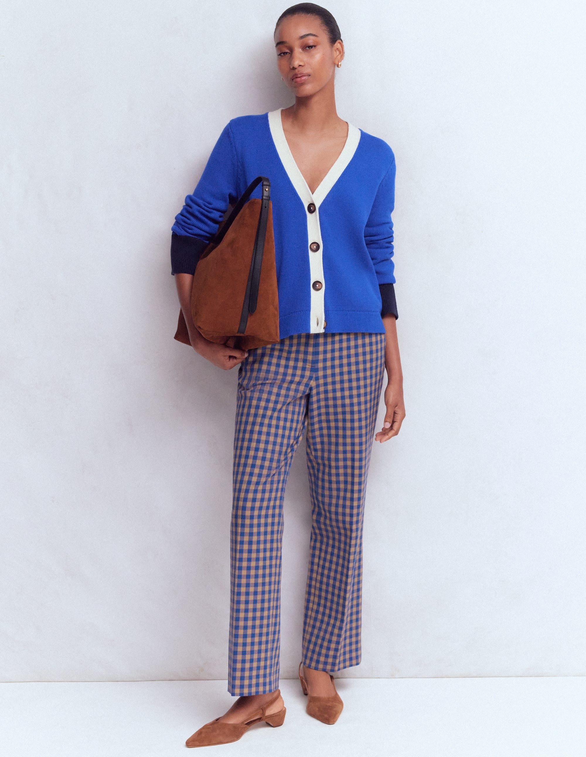 Canonbury Cotton 7/8 Trousers-Camel, Blue Gingham - Image 1