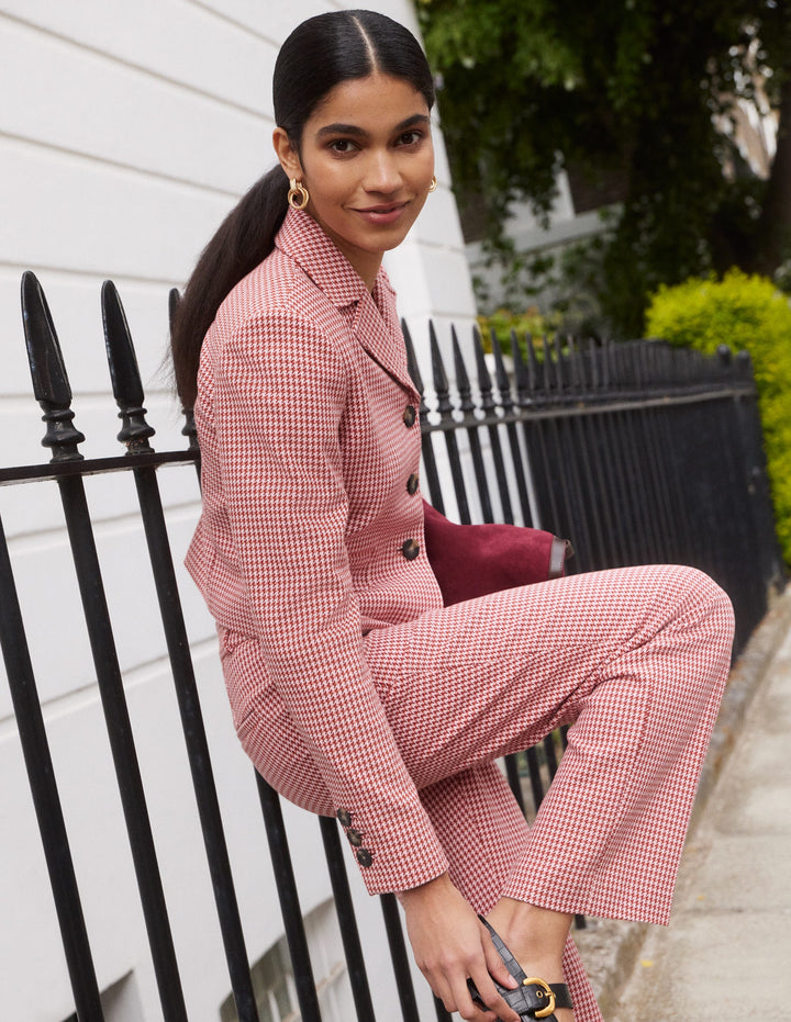 Canonbury Cotton 7/8 Trousers-Pink, Brown Puppytooth