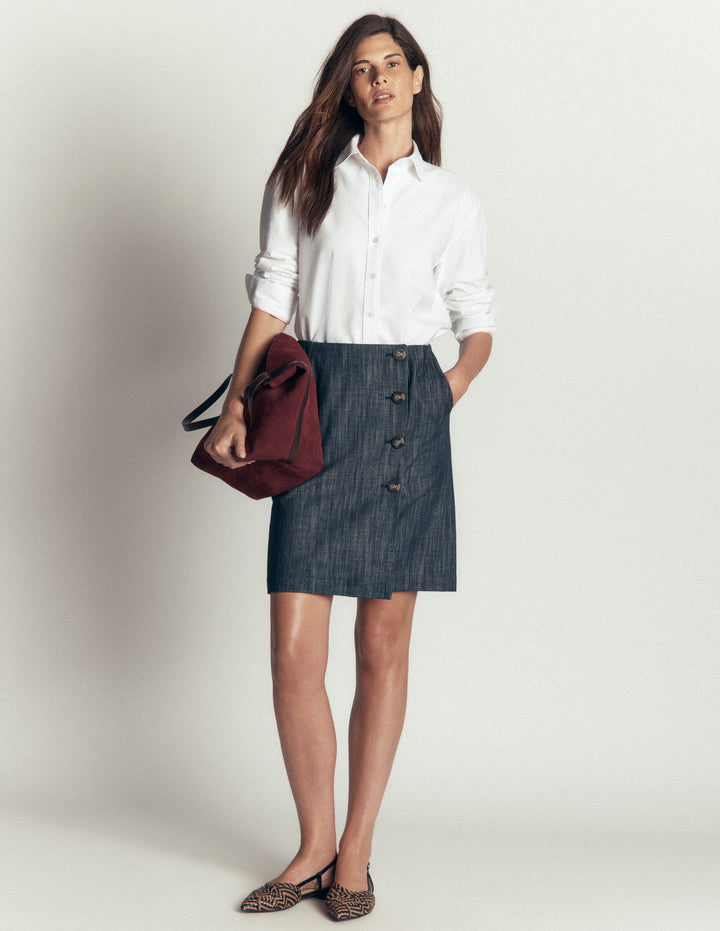 Evelyn Twill Button Wrap Skirt-Indigo Twill