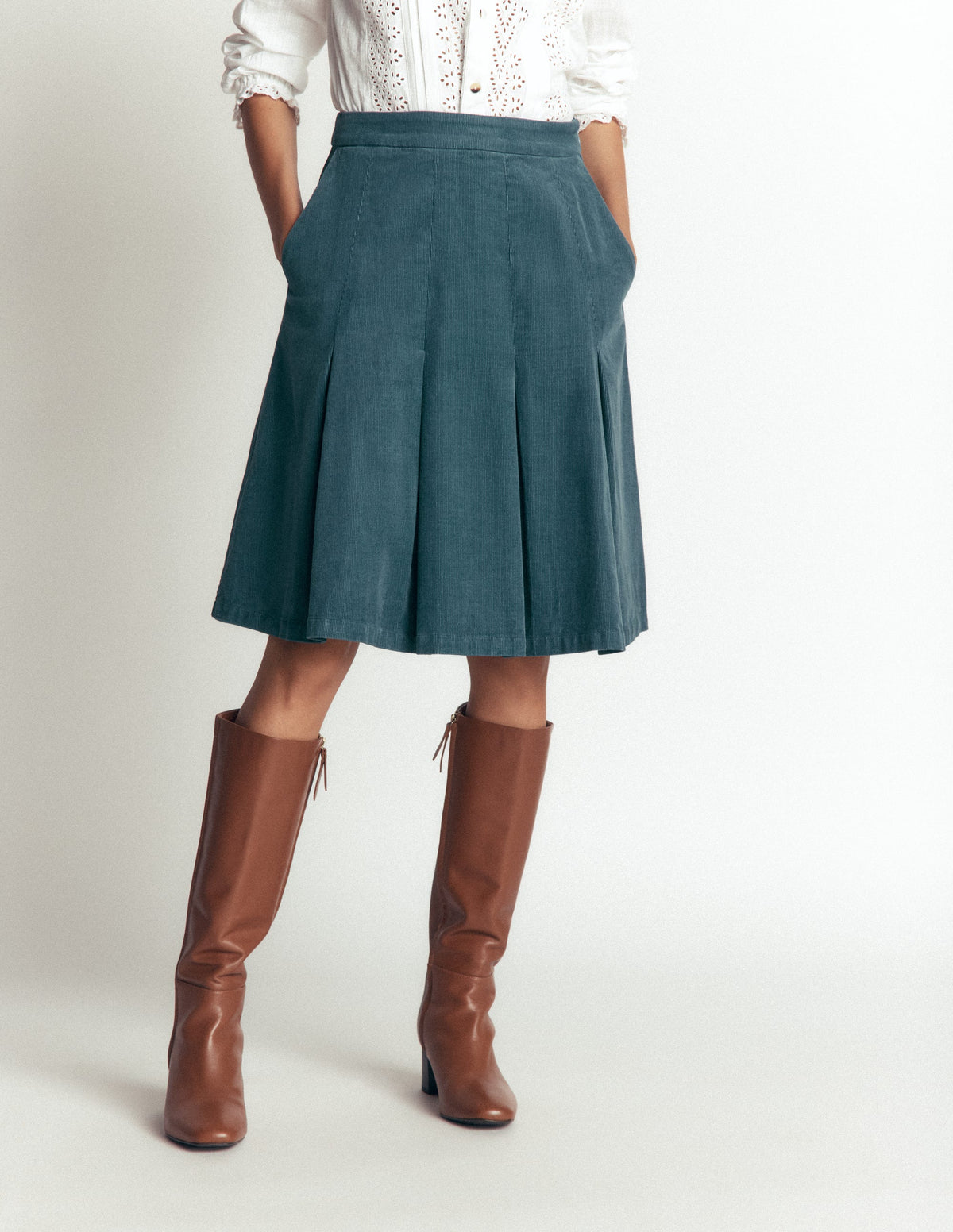 Pleated Cord Skirt-Storm Blue-3