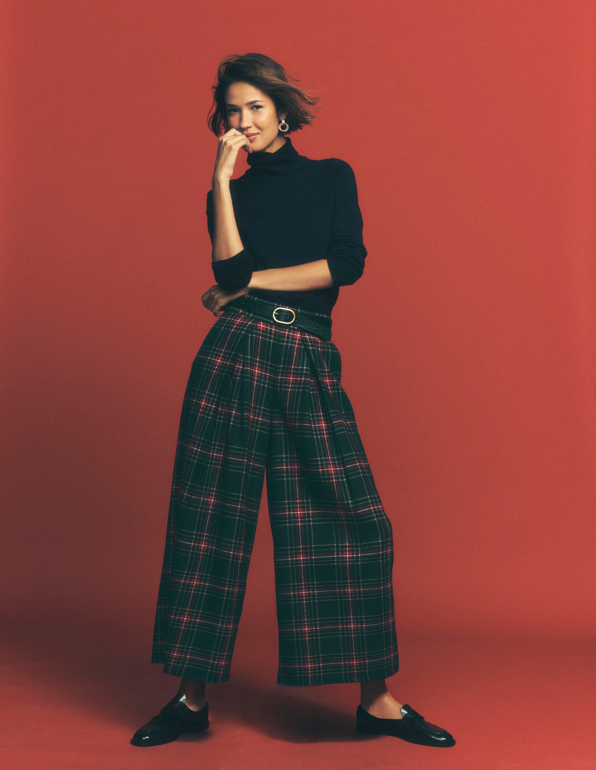 Wool Blend Pleated Trousers-Green, Navy and Red Check-1