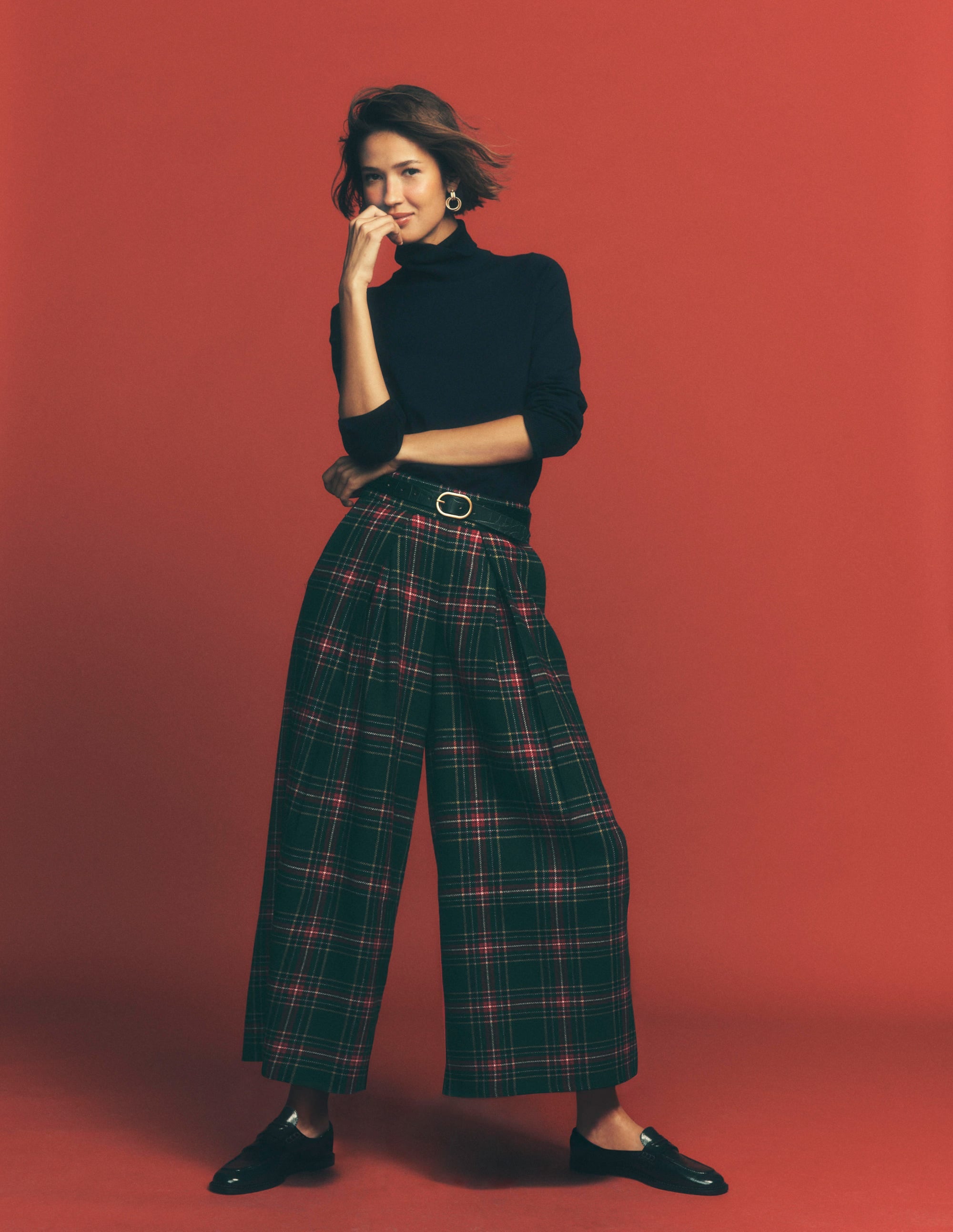 Wool Blend Pleated Trousers-Green, Navy and Red Check - Image 1