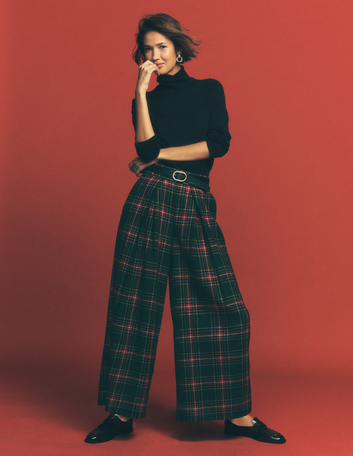 Wool Blend Pleated Trousers-Green, Navy and Red Check