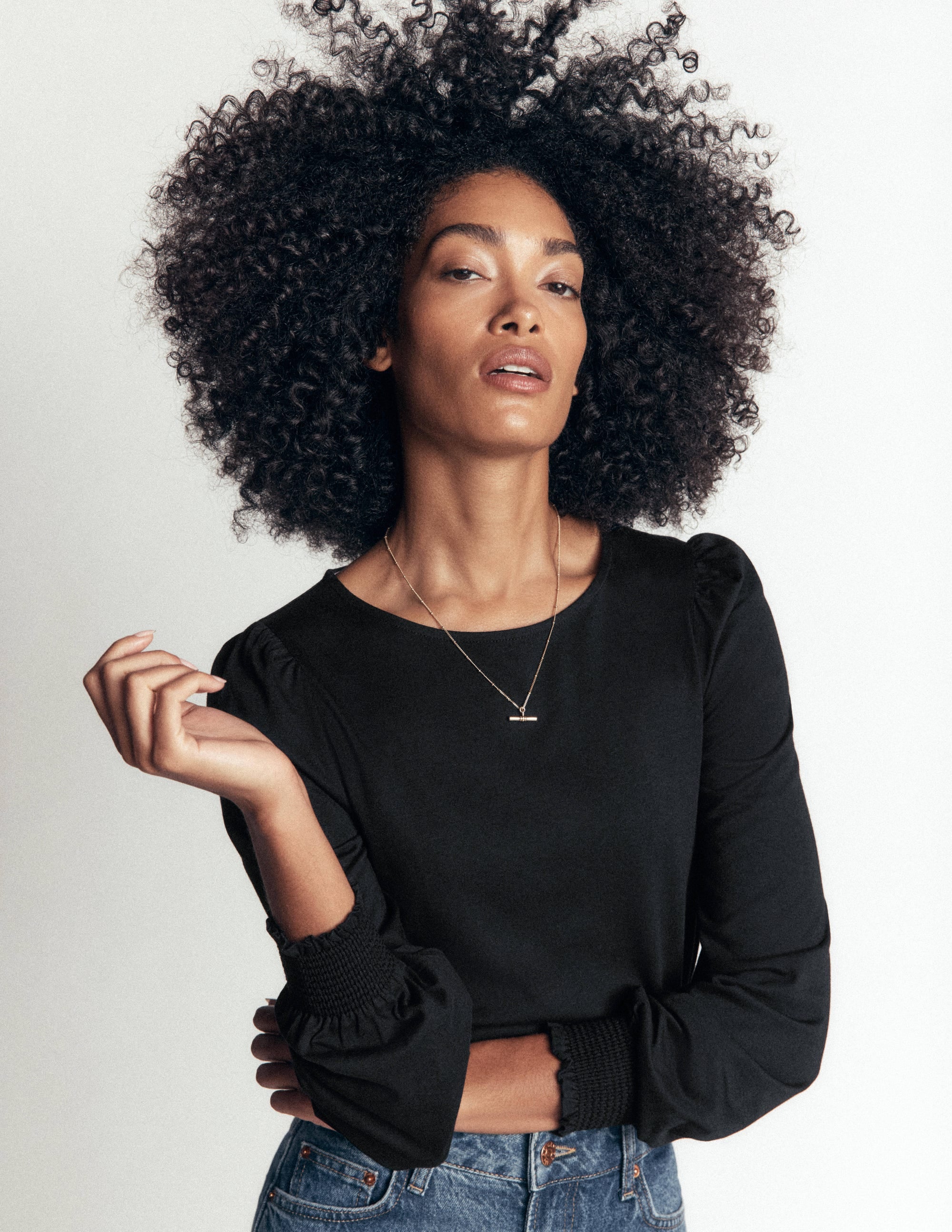 Smocked Cuff Supersoft Top-Black - Image 2