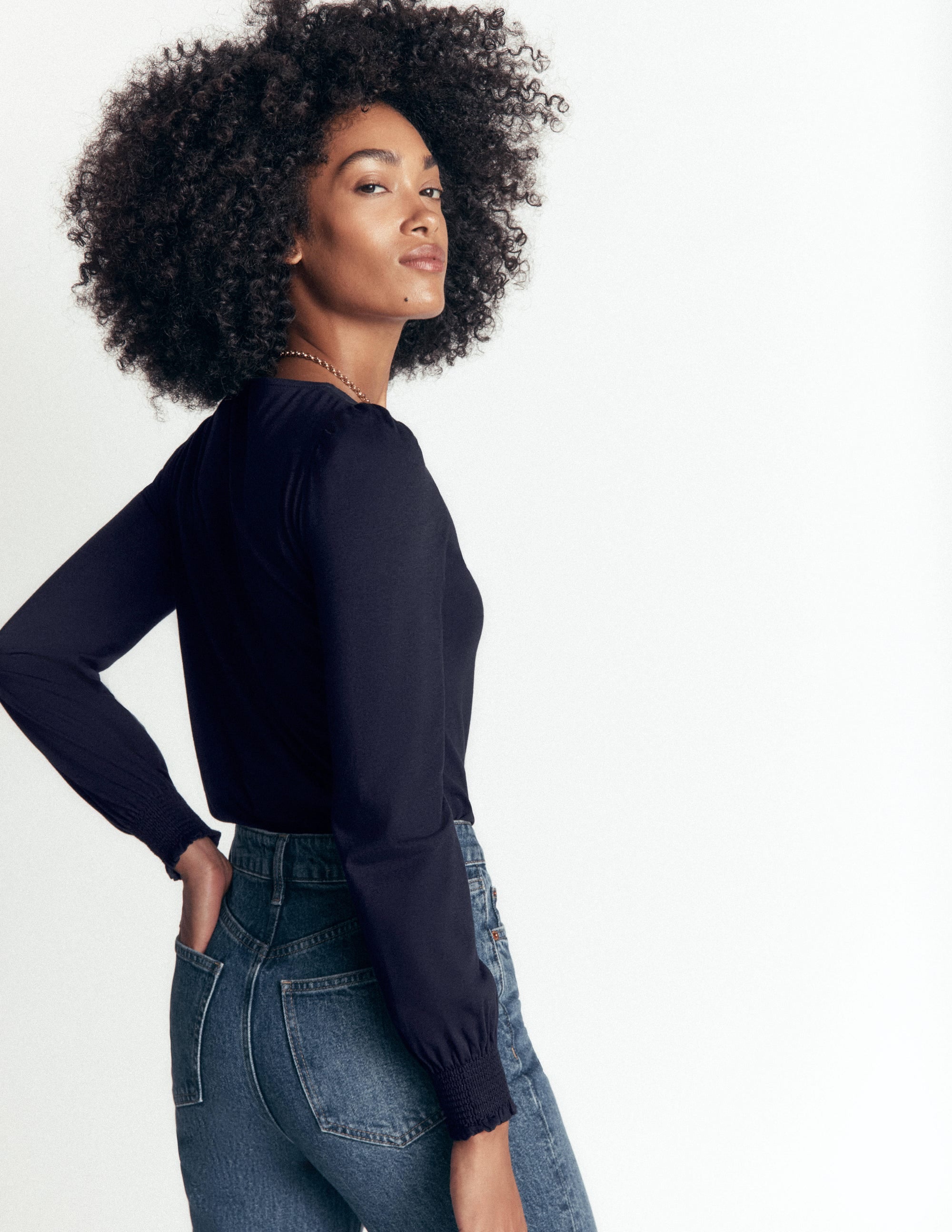 Smocked Cuff Supersoft Top-Navy - Image 3
