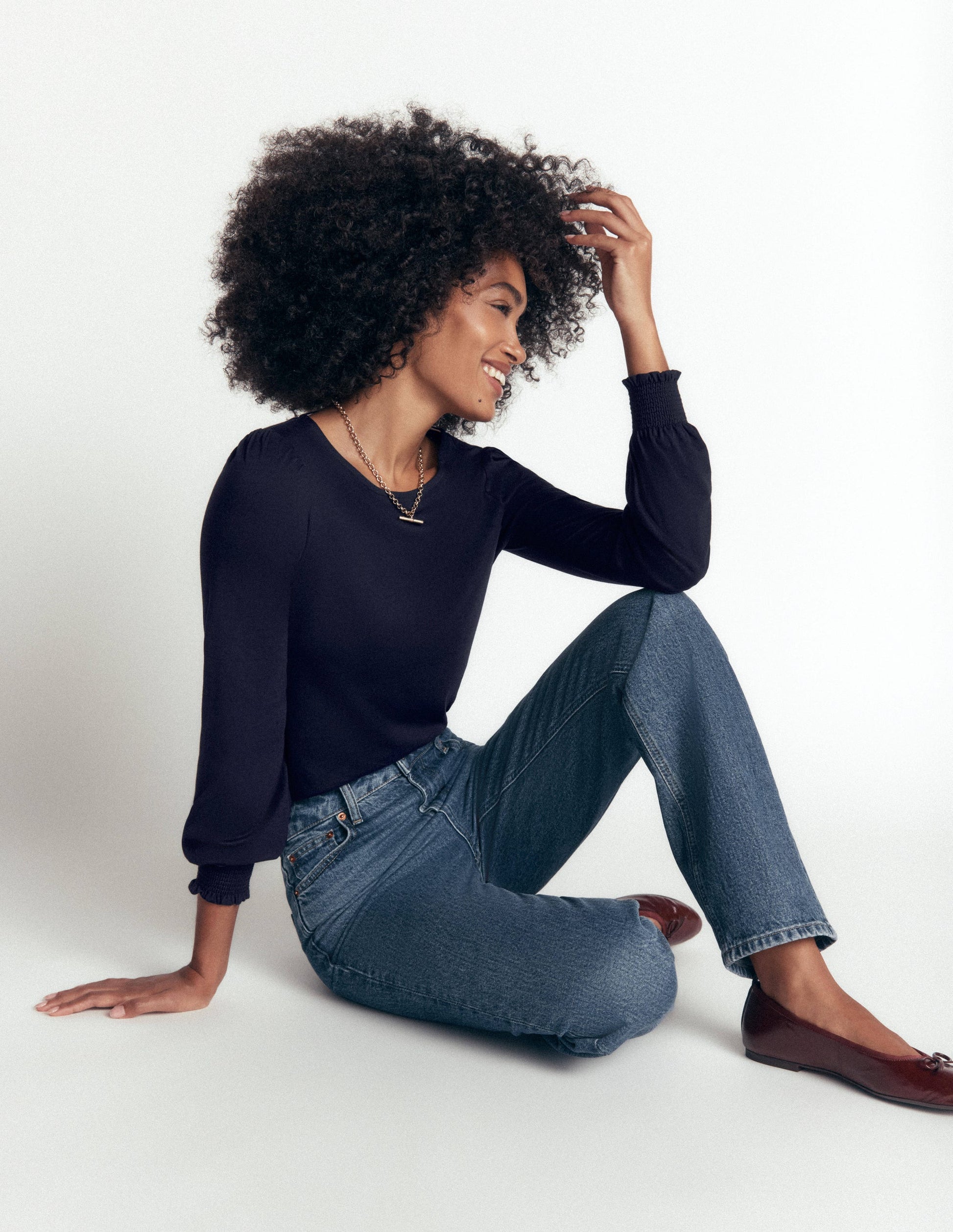 Smocked Cuff Supersoft Top-Navy-4