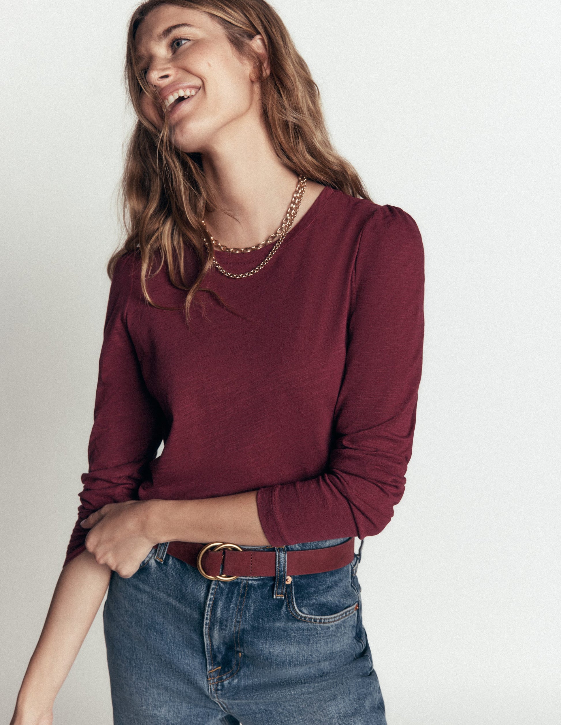 Cotton Crew Long Sleeve Top-Maroon Banner-1