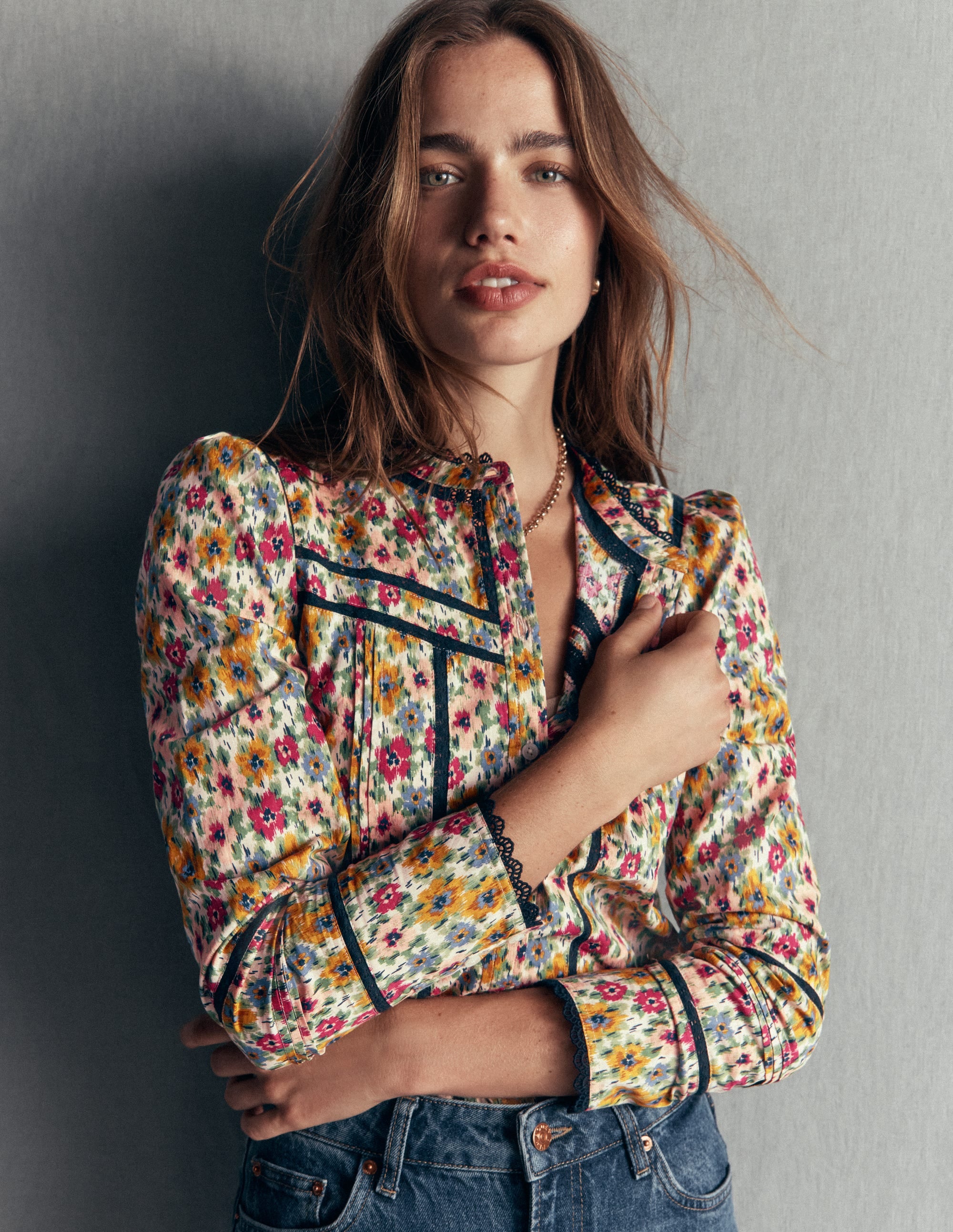 Carmen Lace Trim Cotton Top-Multi, Flecked Garden - Image 1