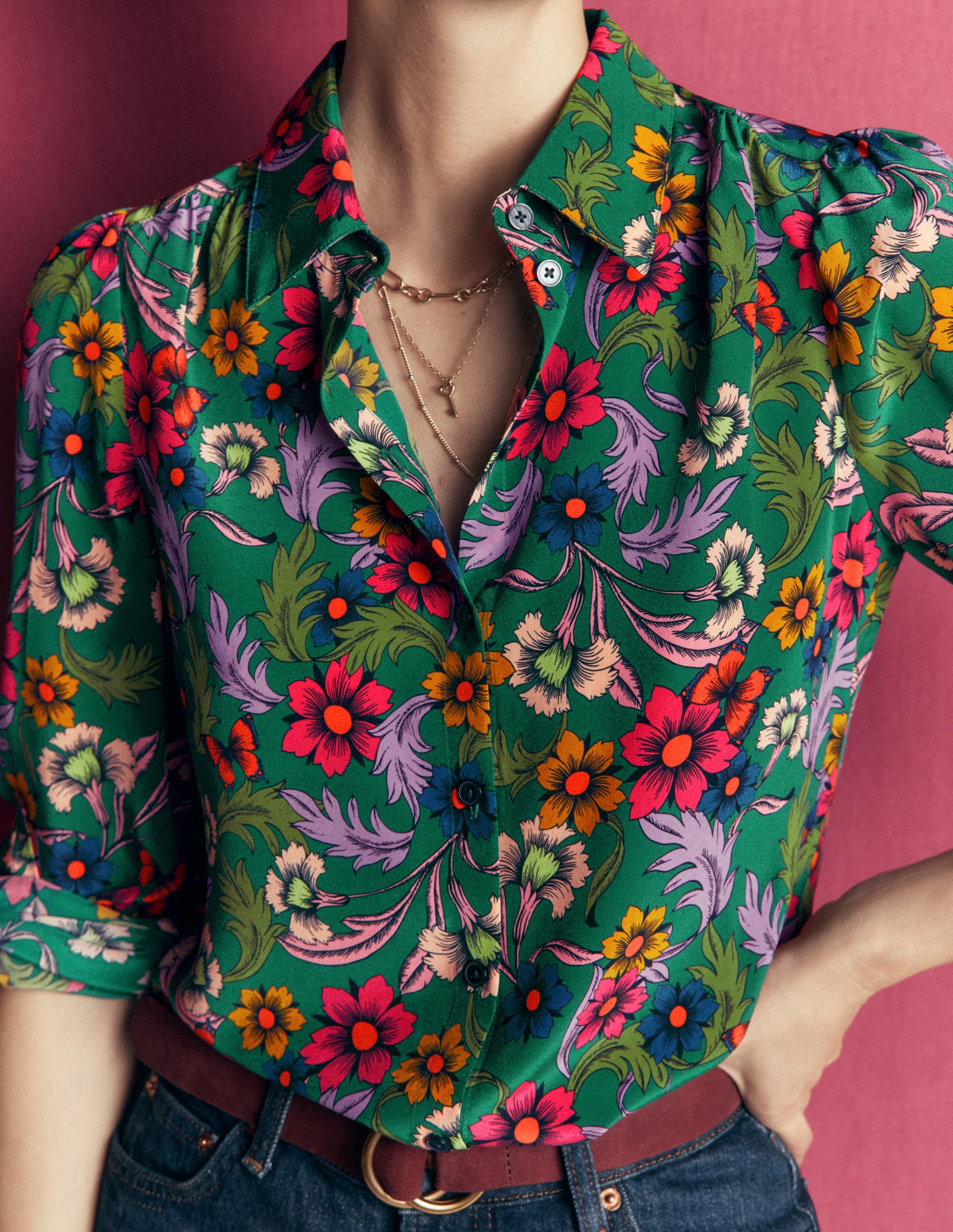Sara Silk Shirt-Green, Butterfly Bouquet - Image 2