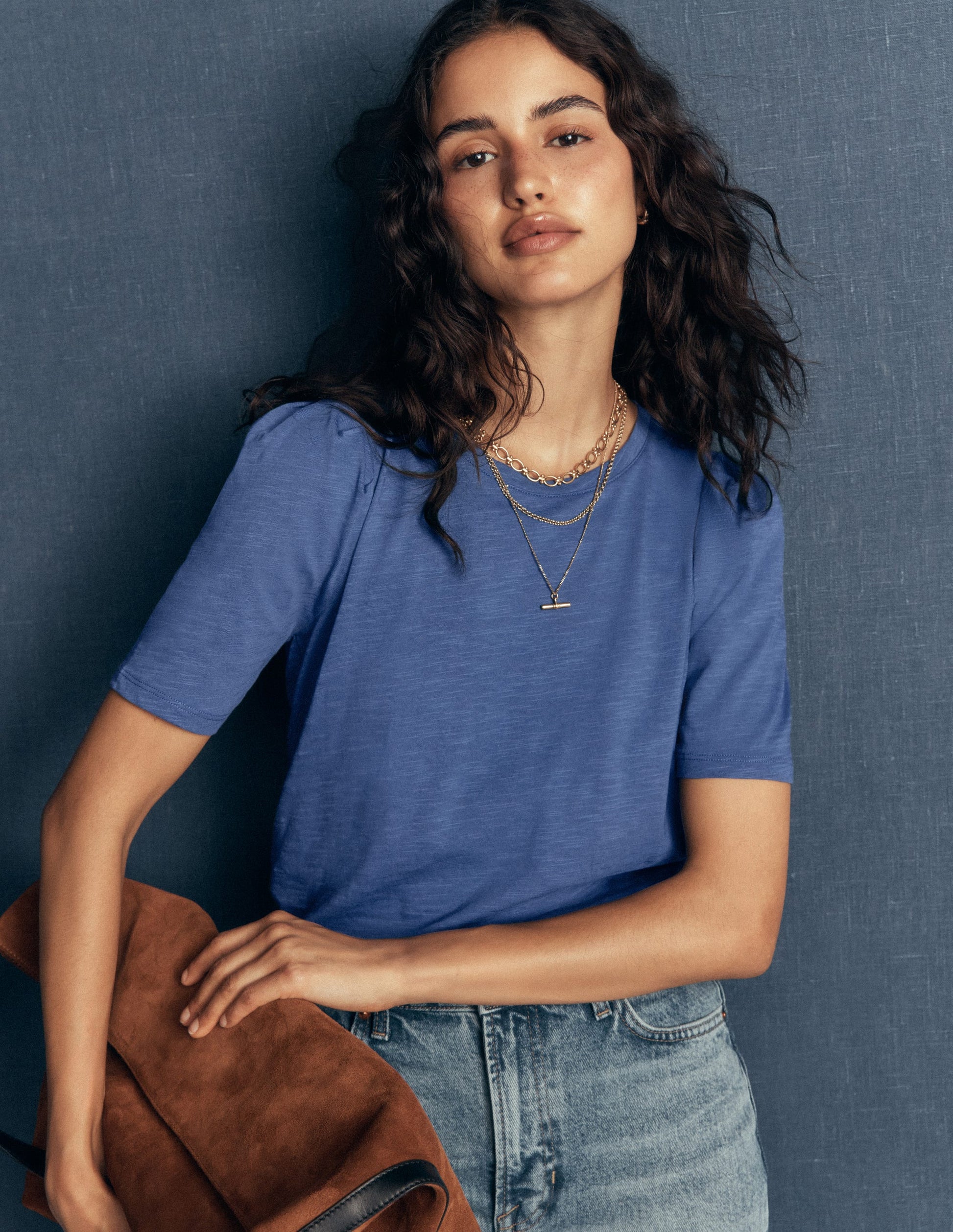 Sophie Puff Sleeve T-shirt-Denim Blue-1