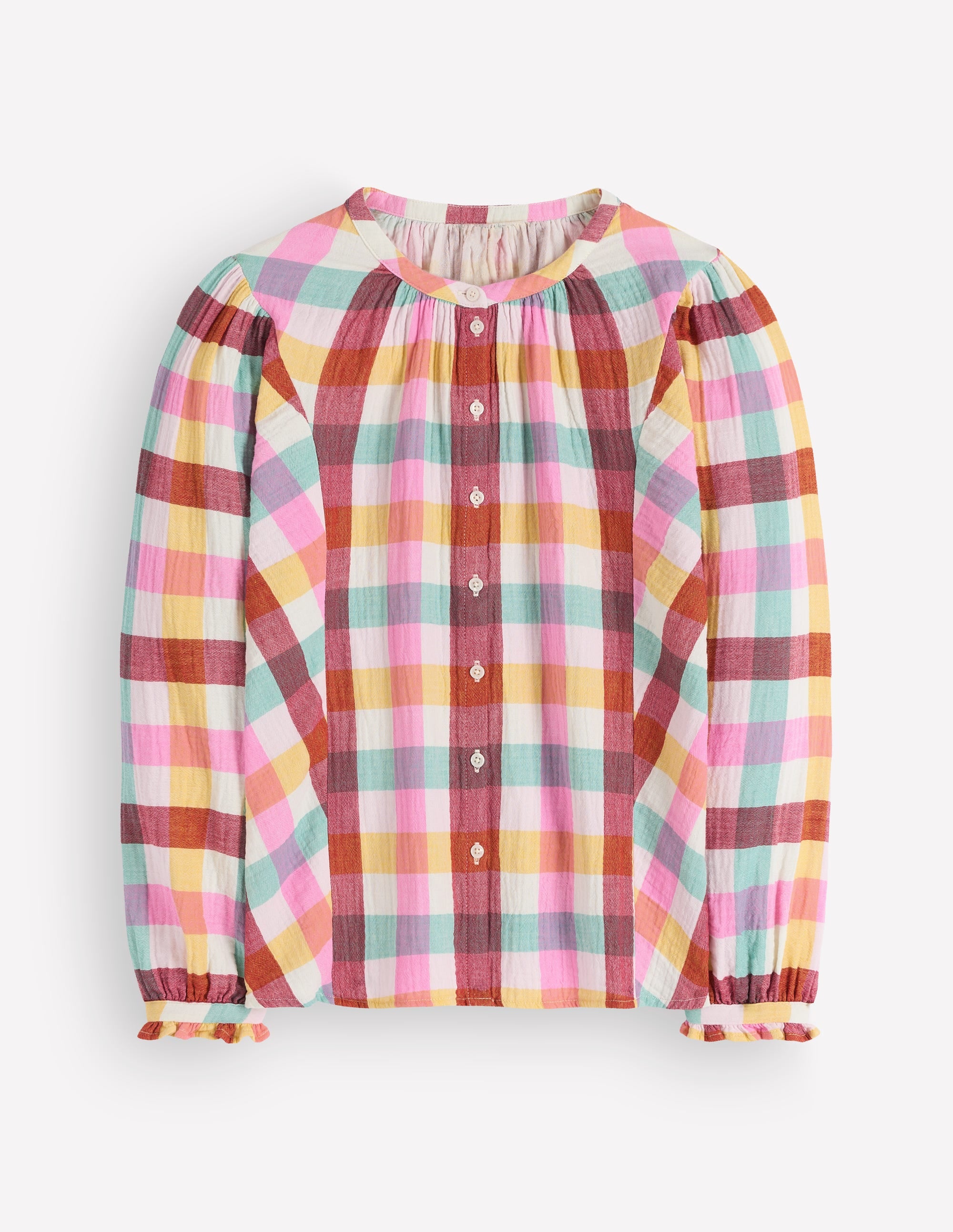 Camille Double Cloth Top-Ivory, Pink, Red Multi Gingham - Image 7