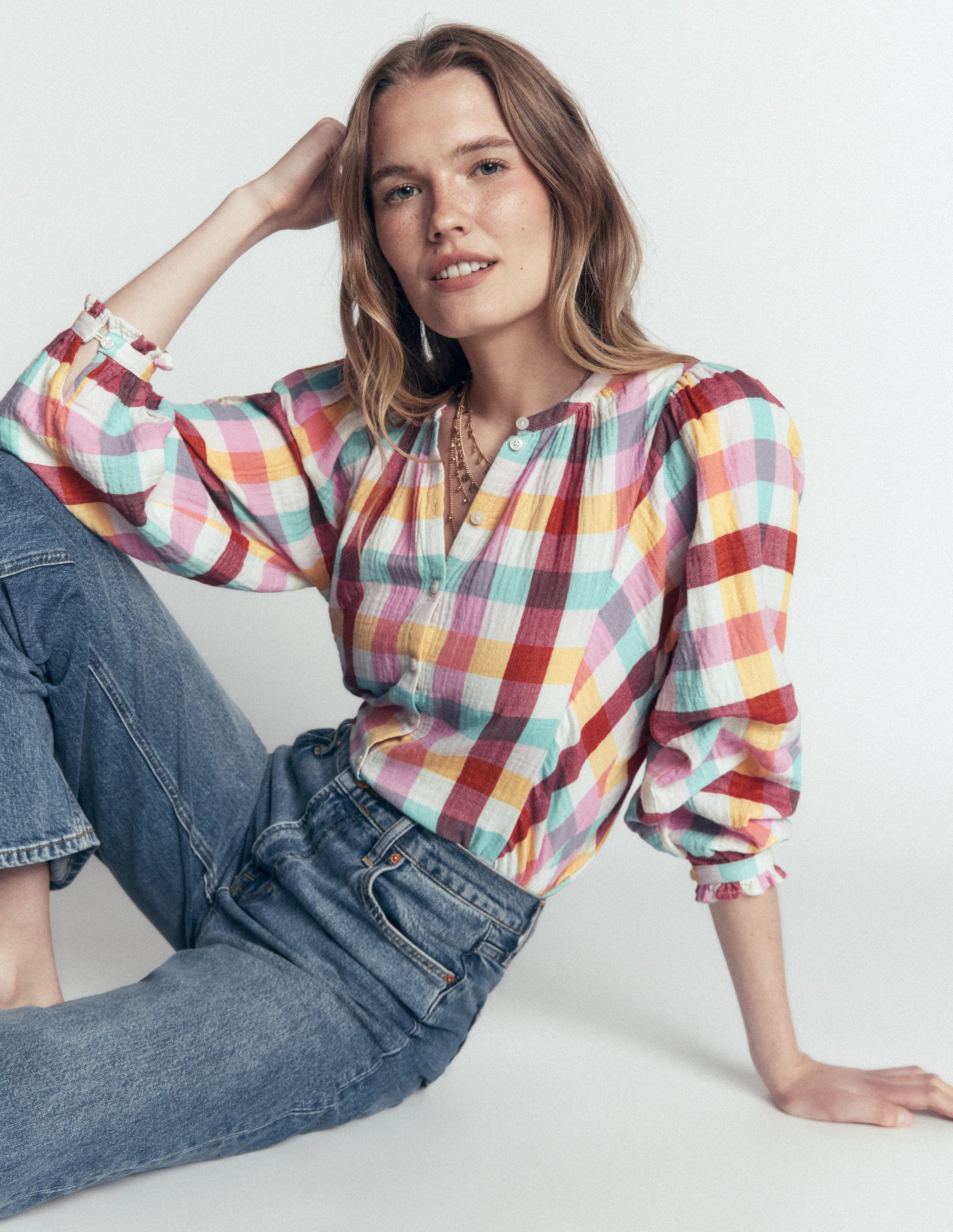 Camille Double Cloth Top-Ivory, Pink, Red Multi Gingham-1