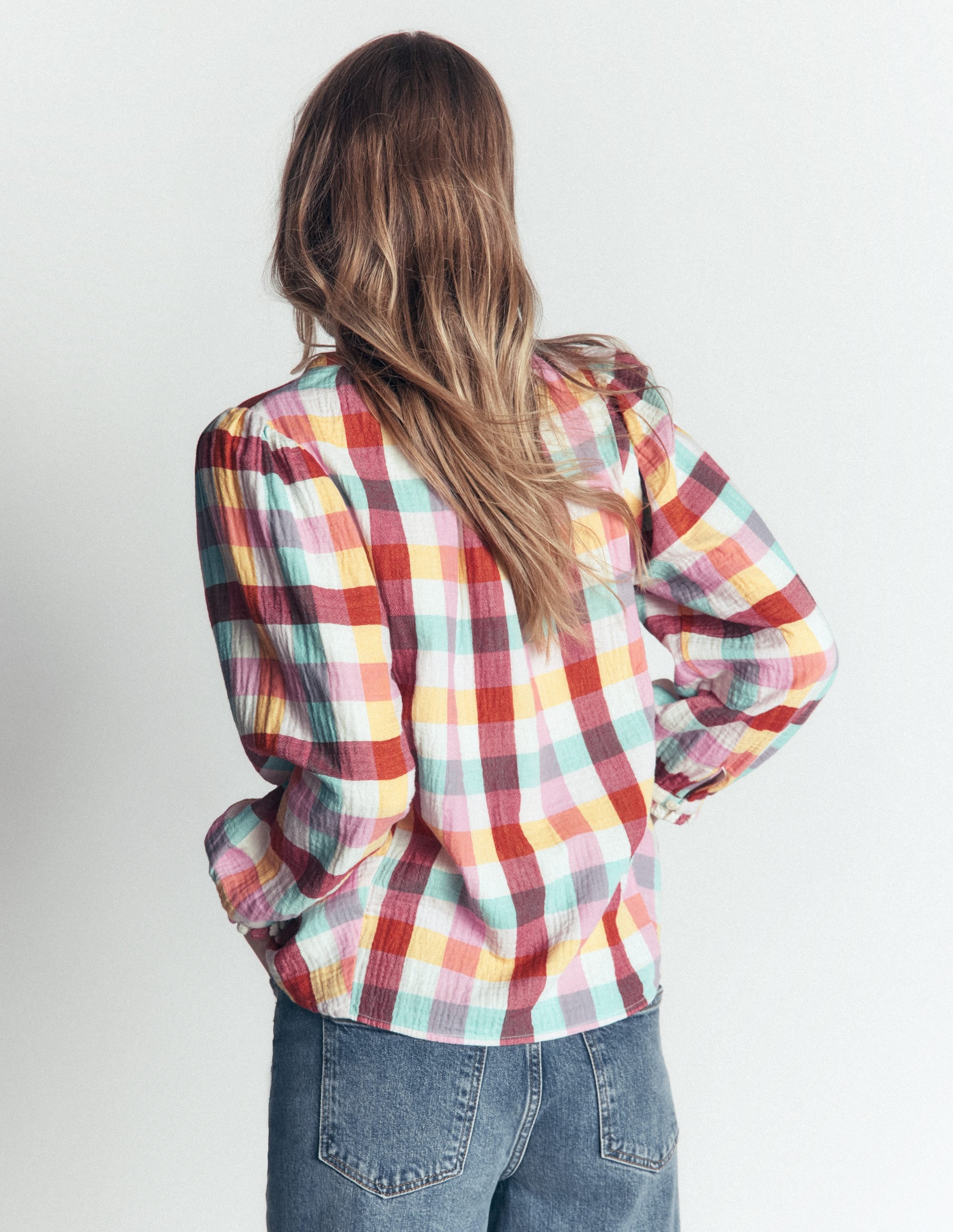 Camille Double Cloth Top-Ivory, Pink, Red Multi Gingham - Image 3