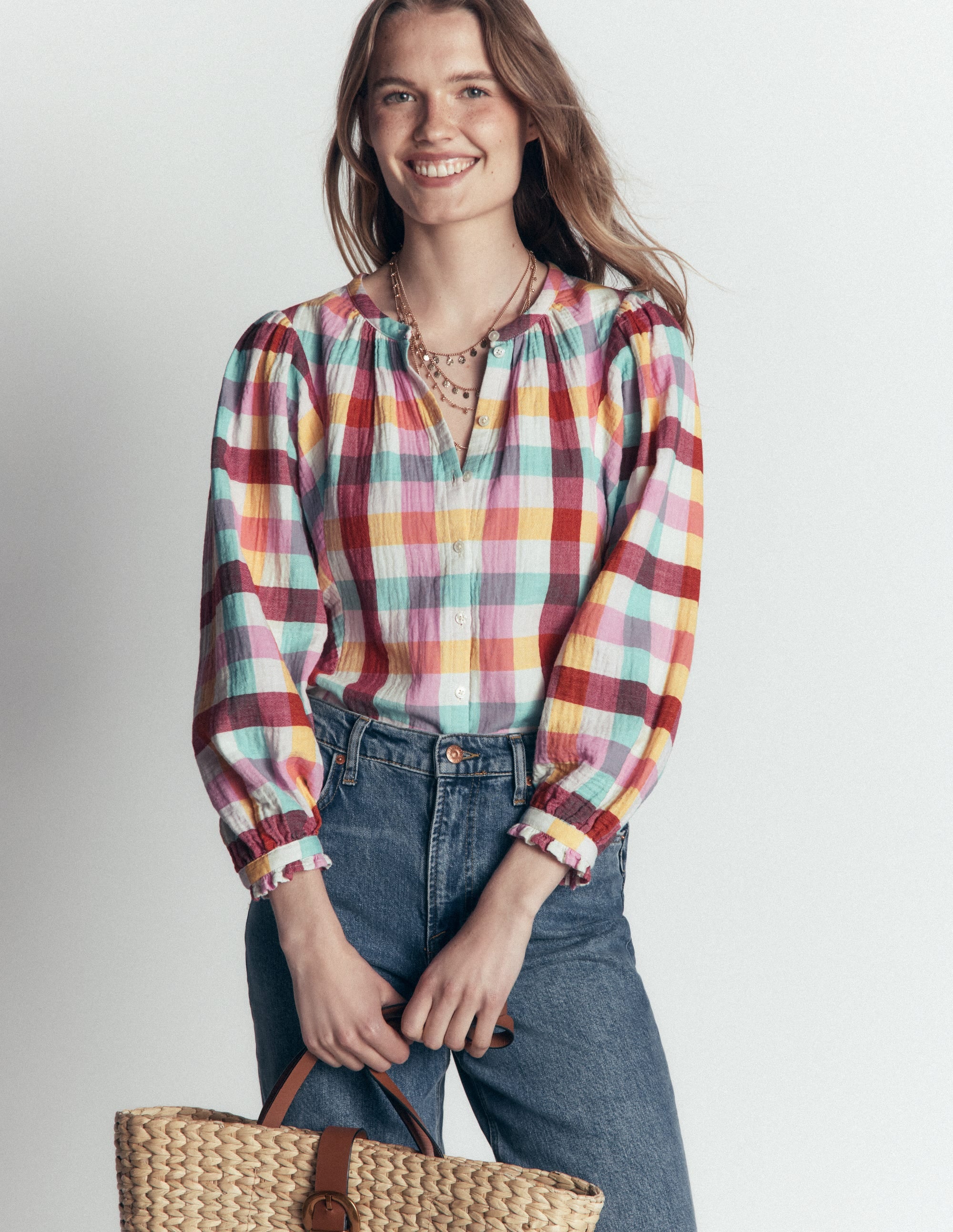 Camille Double Cloth Top-Ivory, Pink, Red Multi Gingham - Image 4