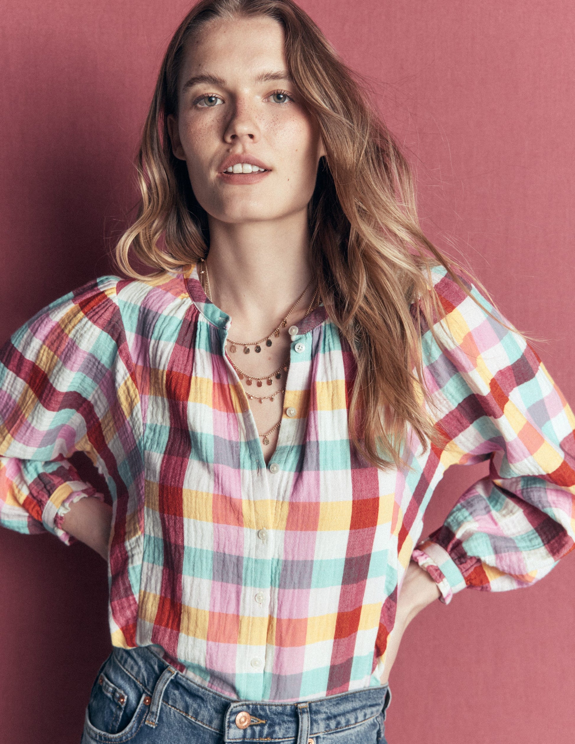 Camille Double Cloth Top-Ivory, Pink, Red Multi Gingham-5
