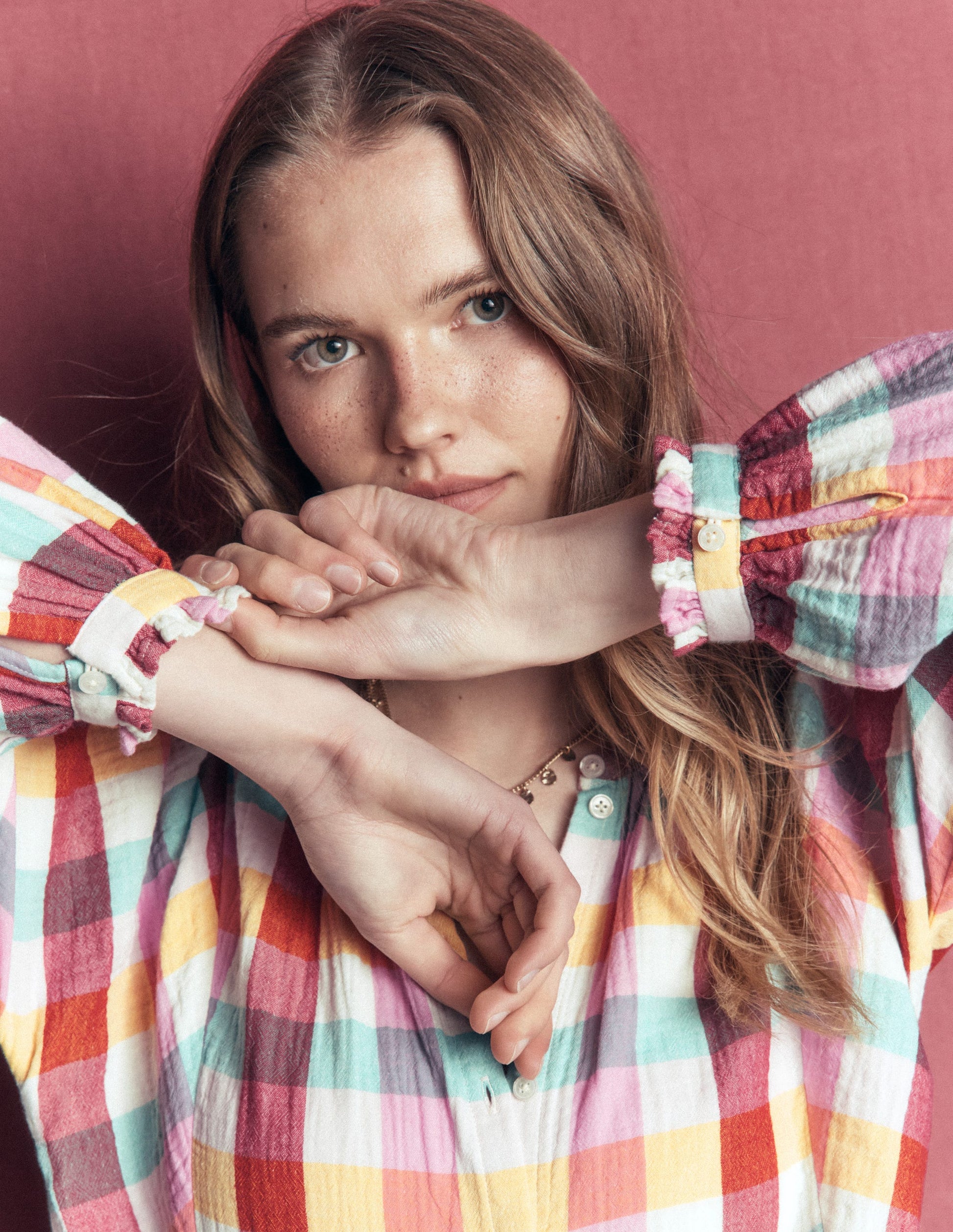 Camille Double Cloth Top-Ivory, Pink, Red Multi Gingham-6