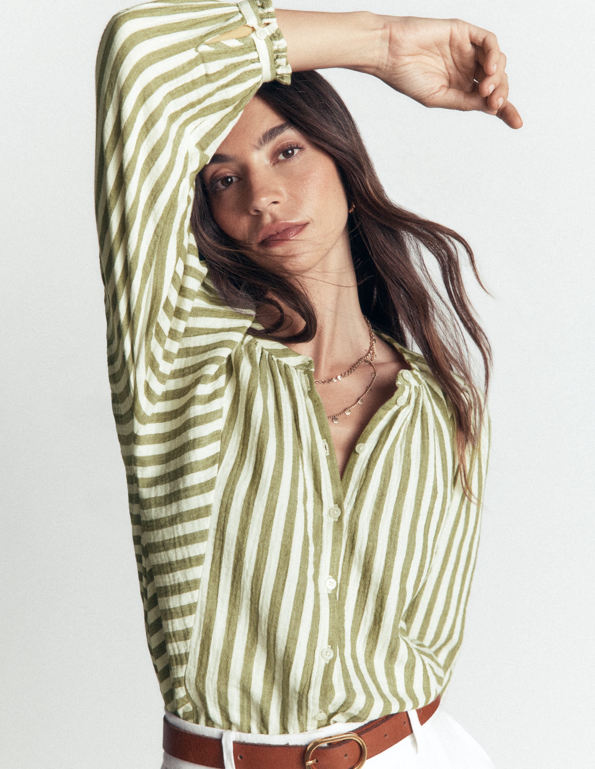 Camille Double Cloth Top-Olive, Ivory Fine Stripe - Image 1