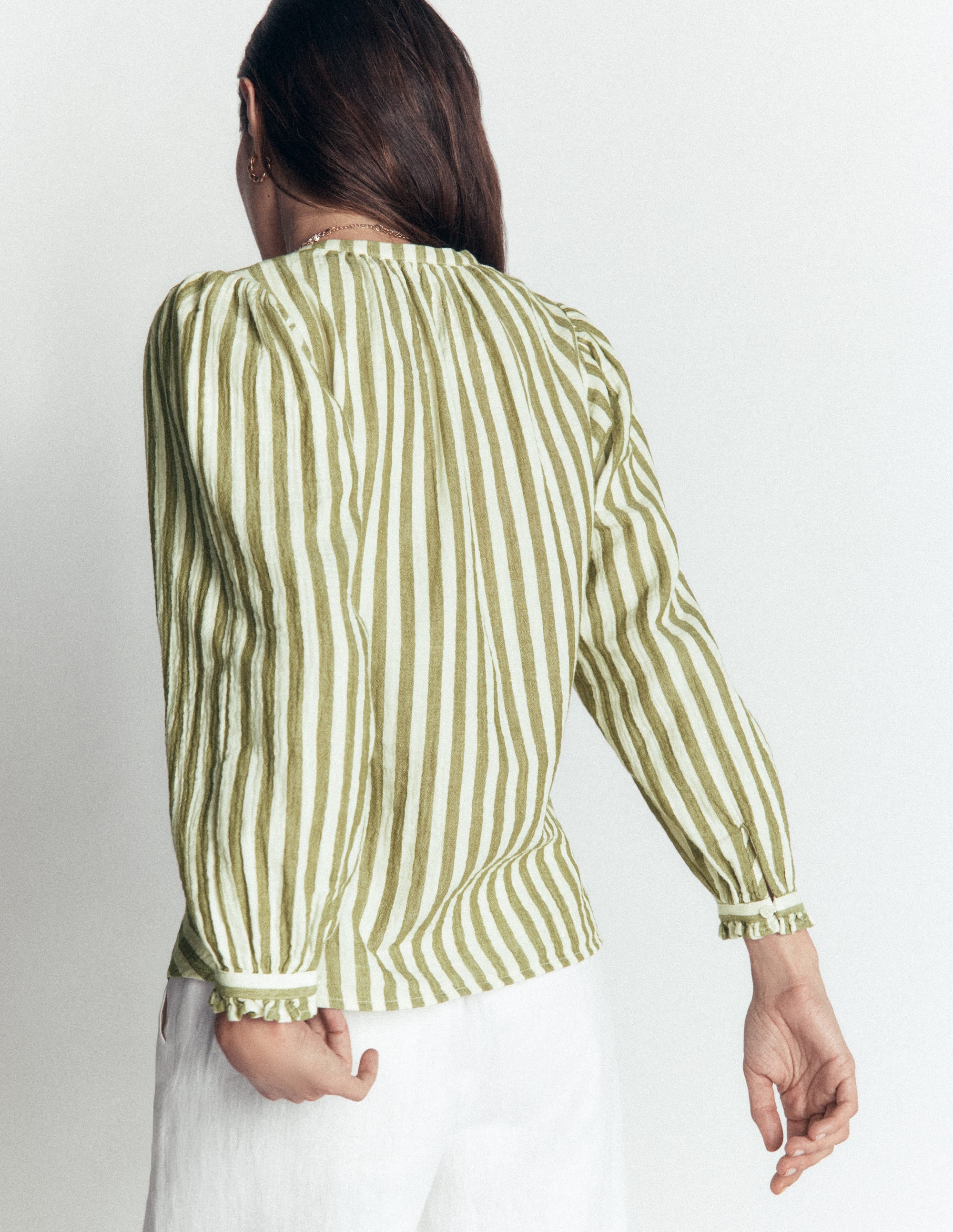 Camille Double Cloth Top-Olive, Ivory Fine Stripe - Image 3