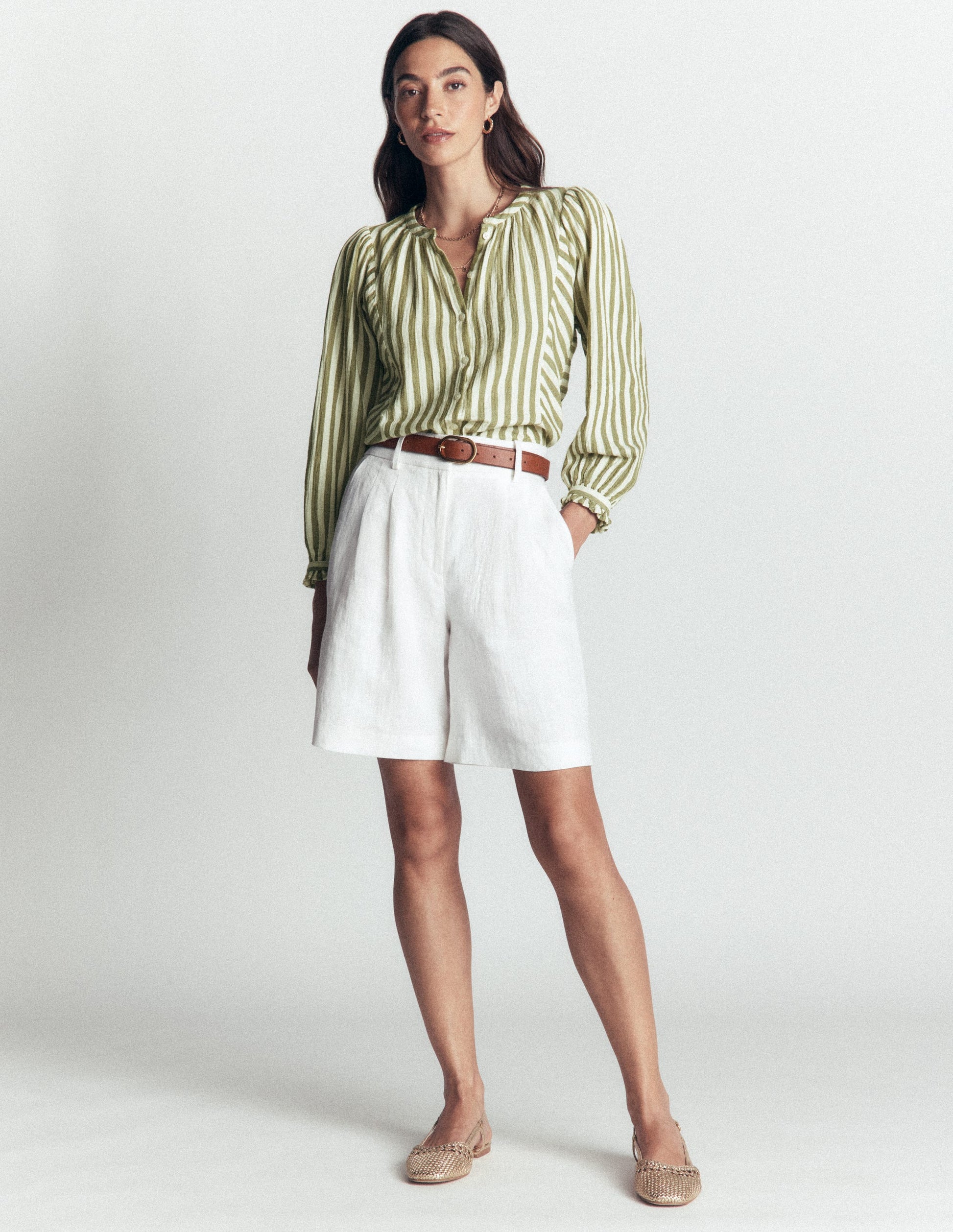 Camille Double Cloth Top-Olive, Ivory Fine Stripe-4