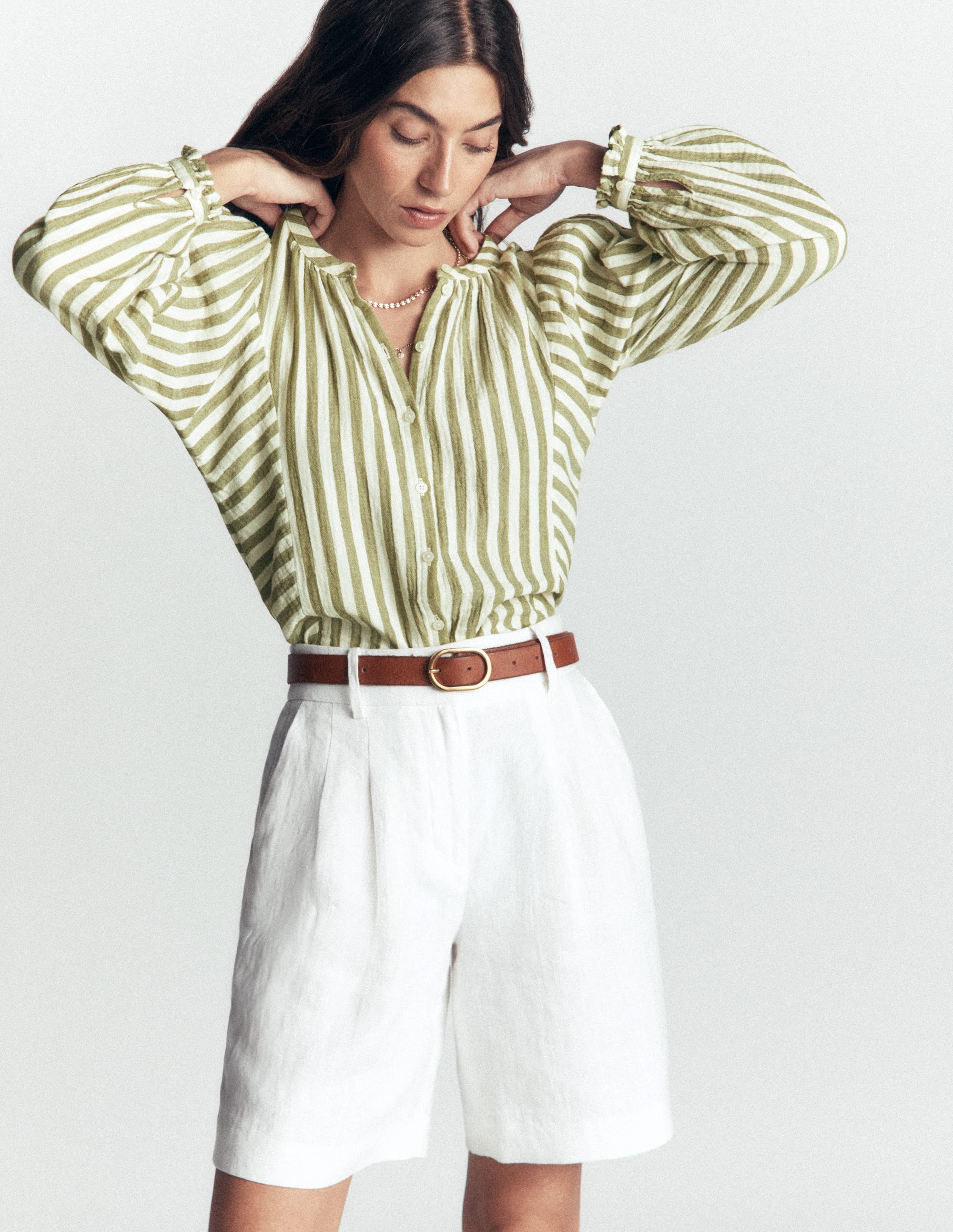 Camille Double Cloth Top-Olive, Ivory Fine Stripe - Image 5