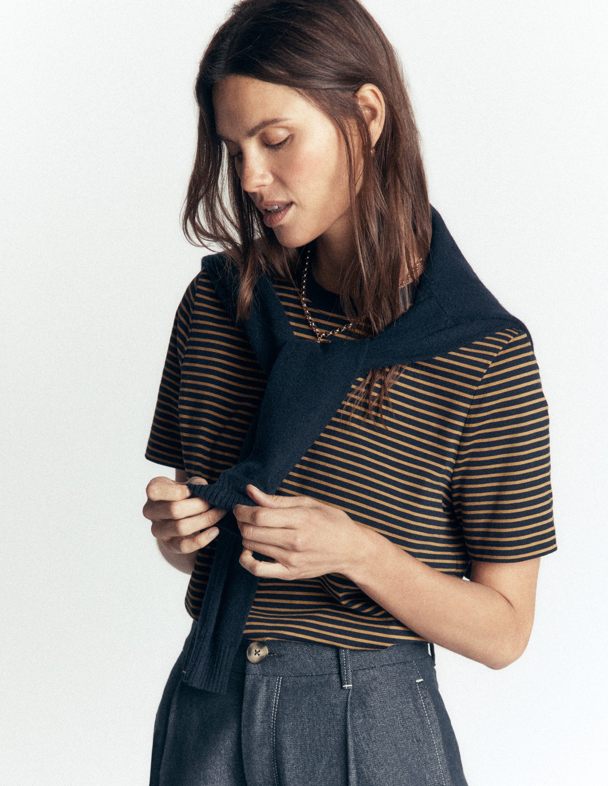 Cotton Crew Neck T-shirt-Navy and Dijon Stripe-5