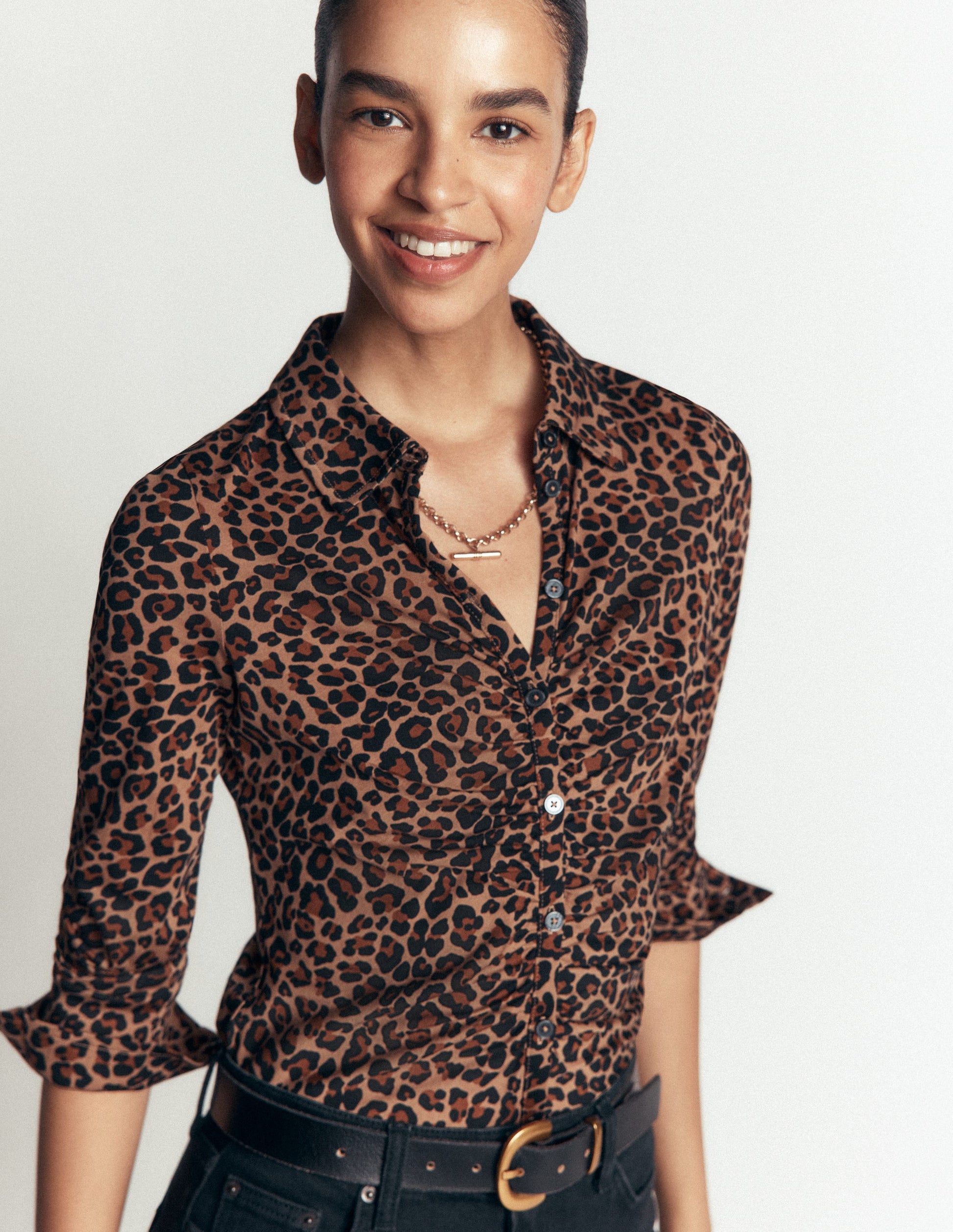 Supersoft Ruched Jersey Shirt-Camel, Leopard Fields-2