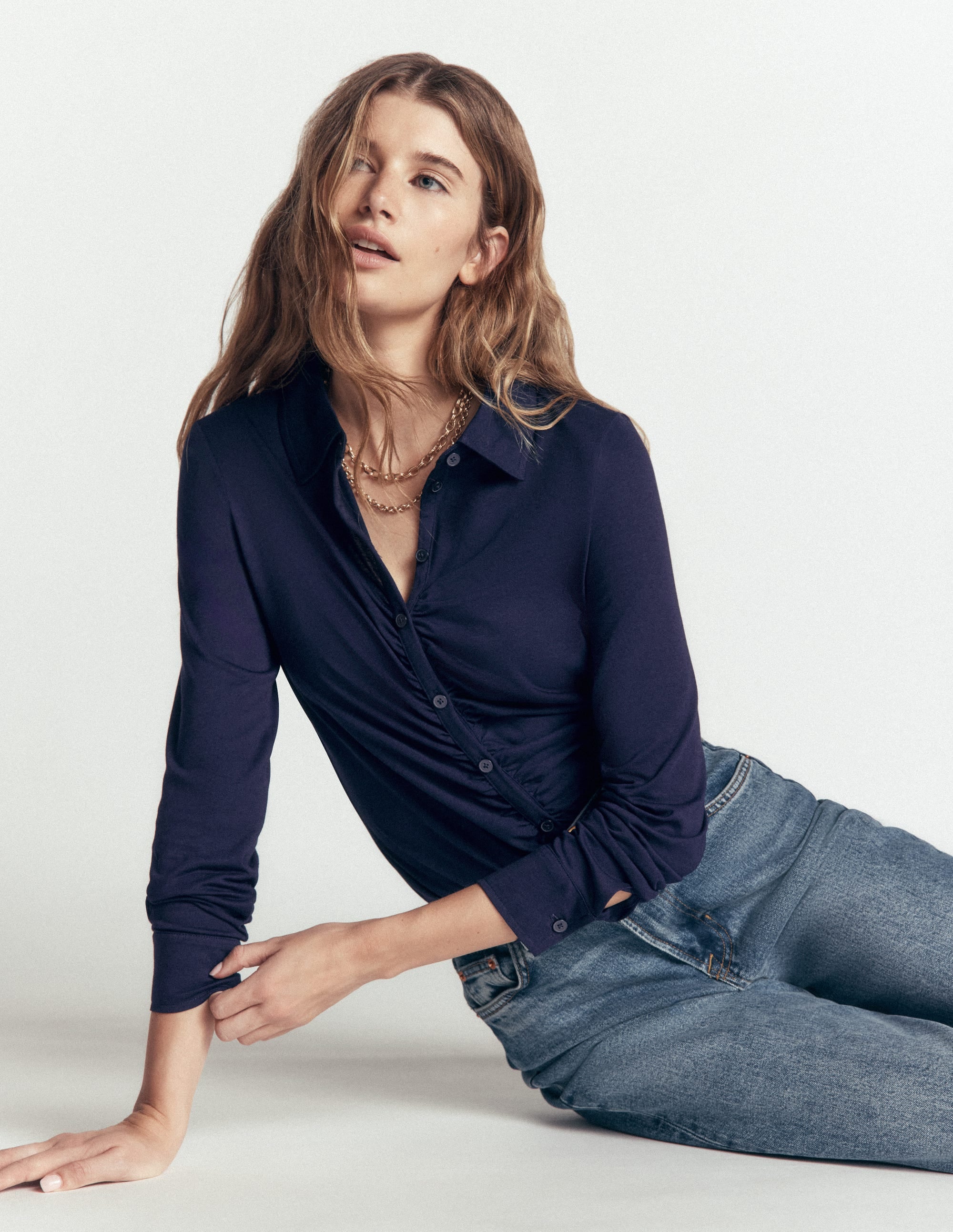 Supersoft Ruched Jersey Shirt-Navy - Image 1