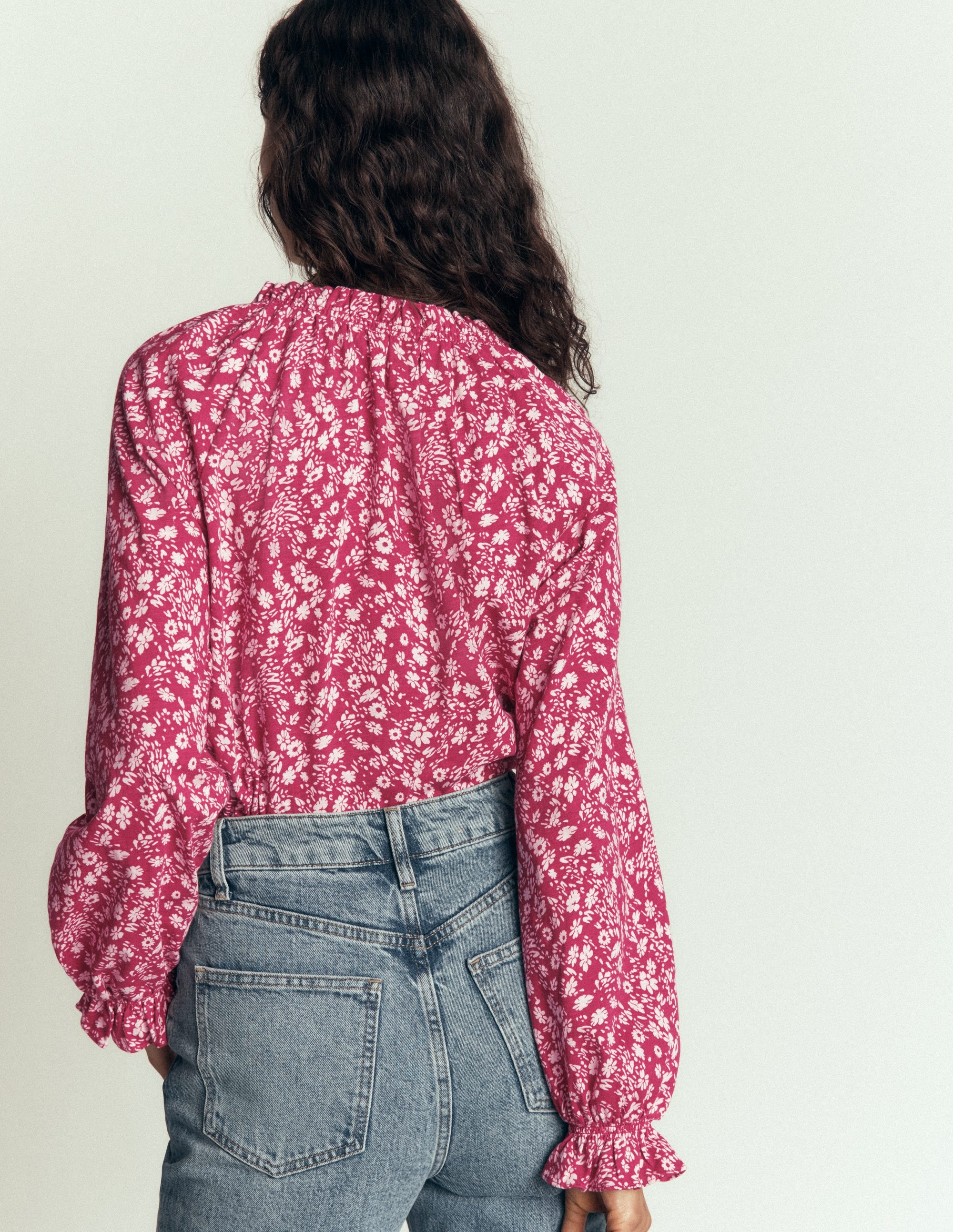 Pia Ruffle Detail Top-Red Bud, Scattered Flora - Image 3