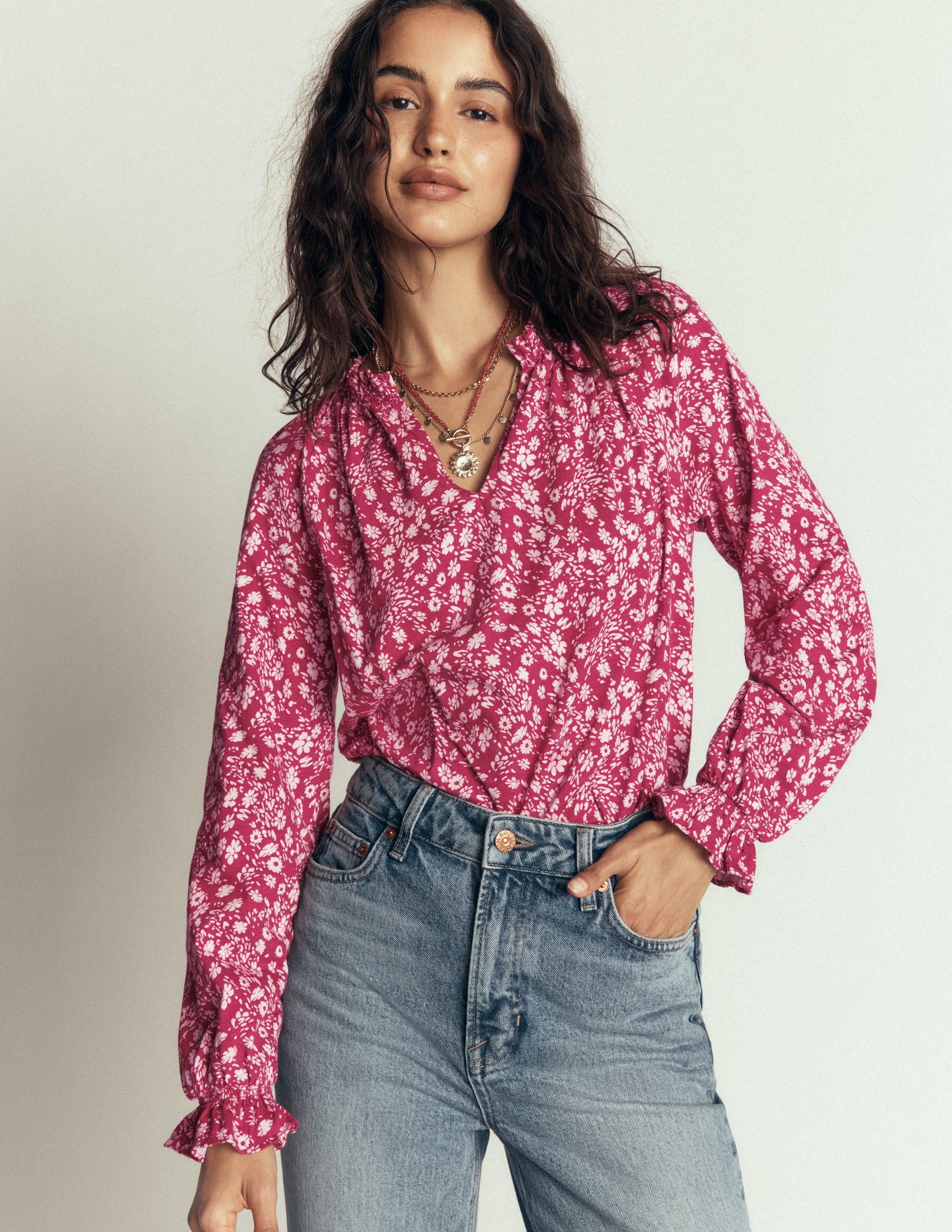 Pia Ruffle Detail Top-Red Bud, Scattered Flora - Image 4