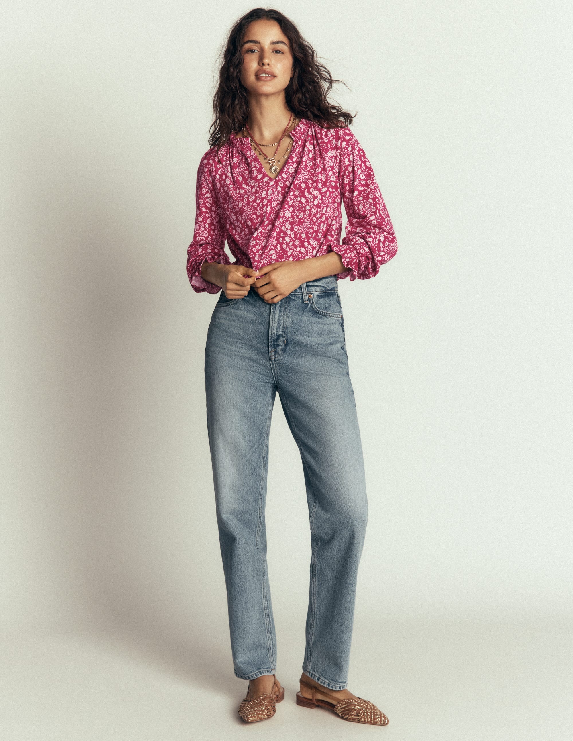 Pia Ruffle Detail Top-Red Bud, Scattered Flora - Image 6