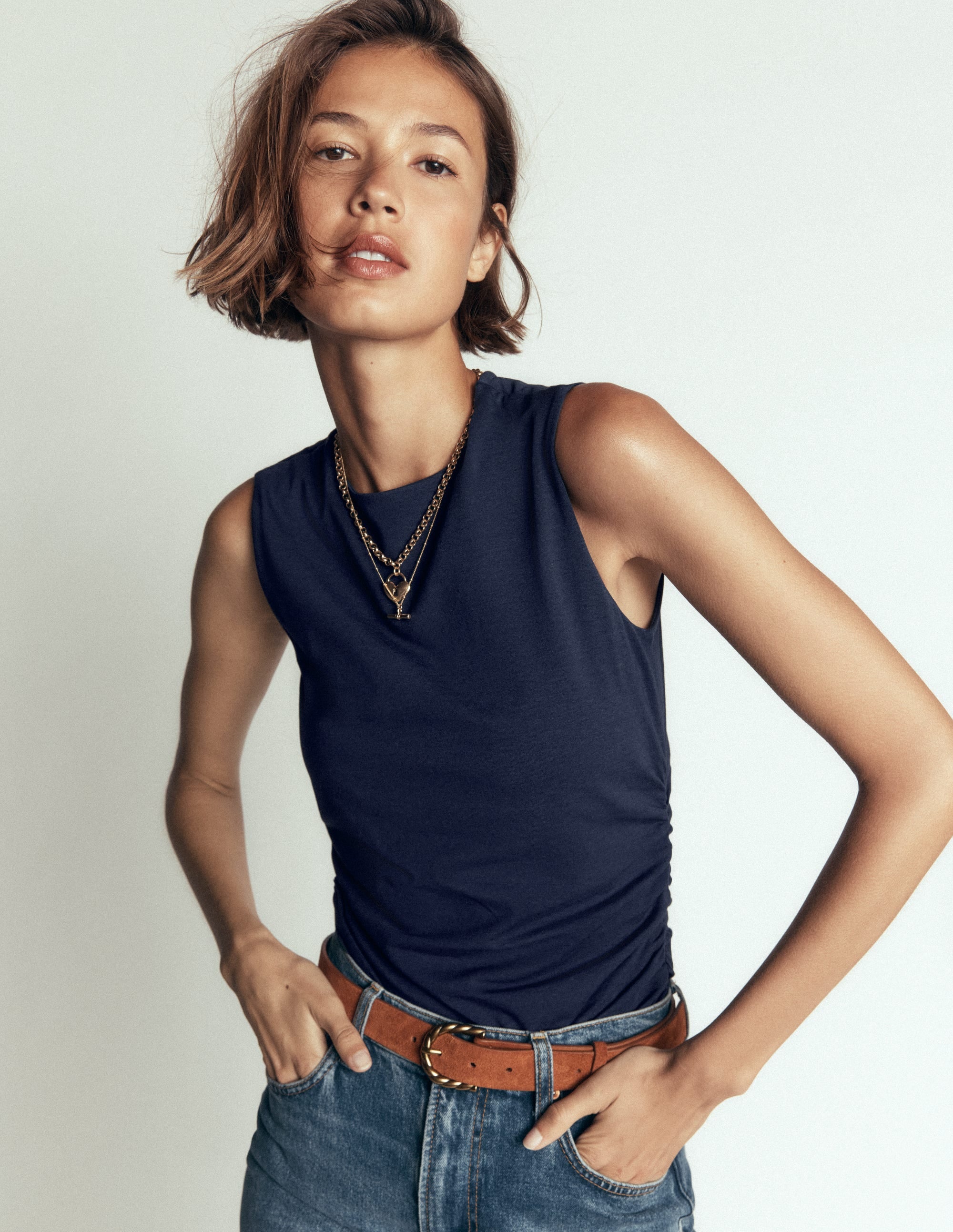 Tia Sleeveless Ruch Jersey Top-Navy - Image 3