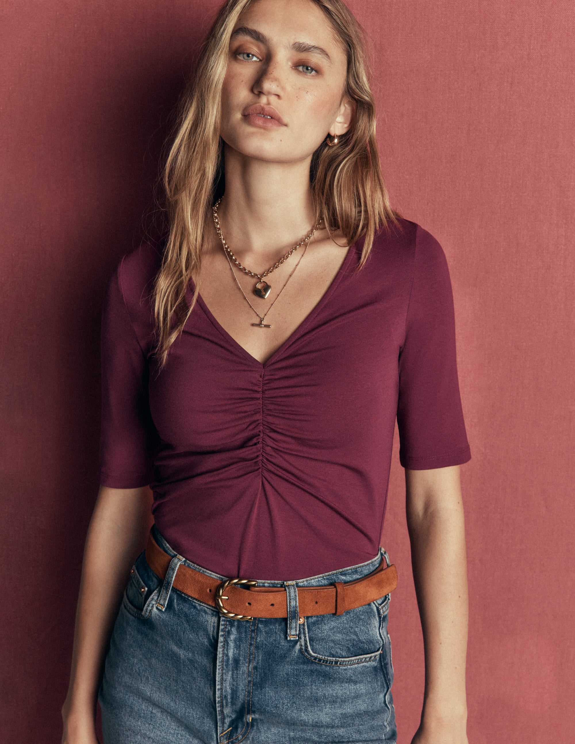 Tia Ruched V-neck Top-Deep Wisteria - Image 1