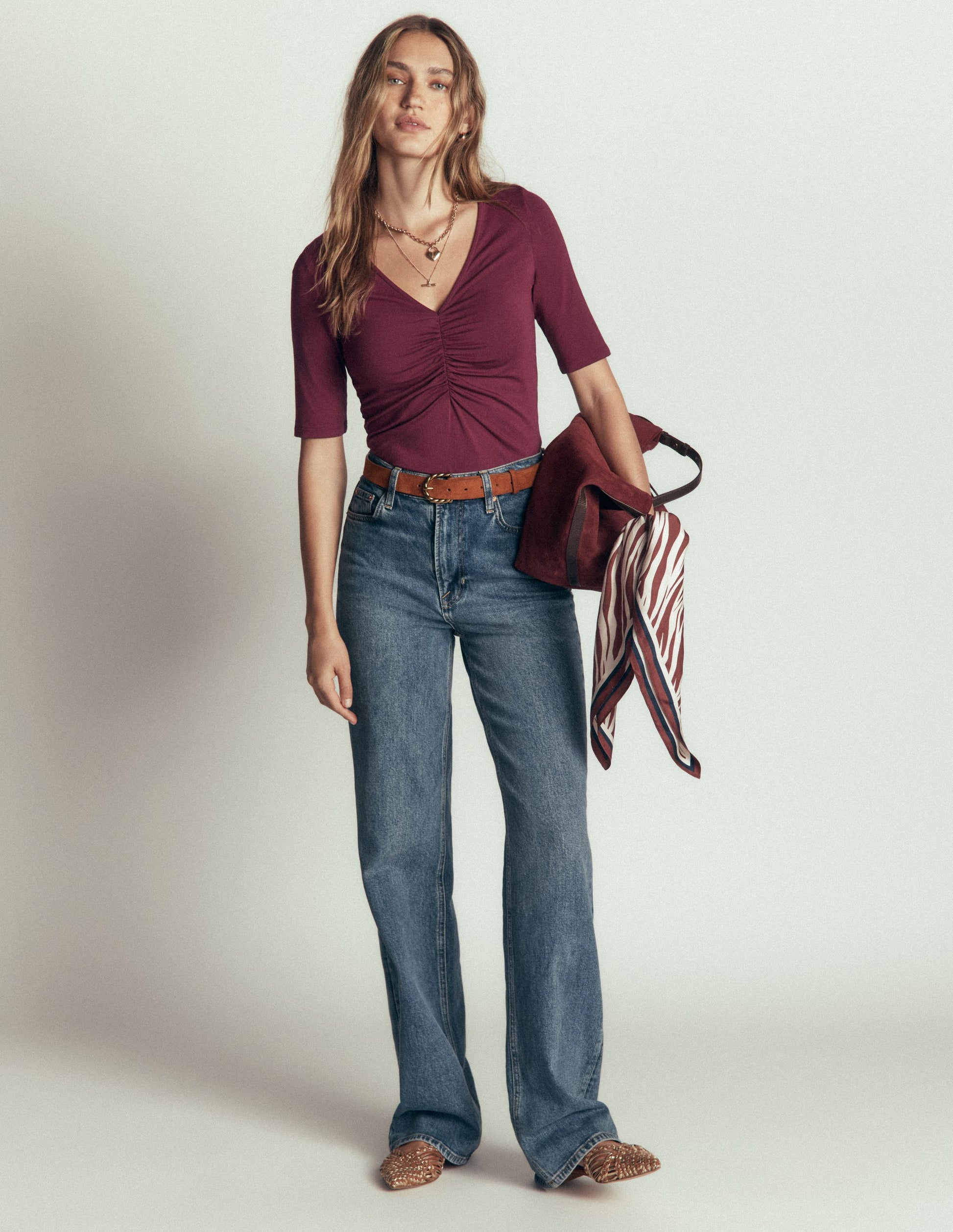 Tia Ruched V-neck Top-Deep Wisteria-4
