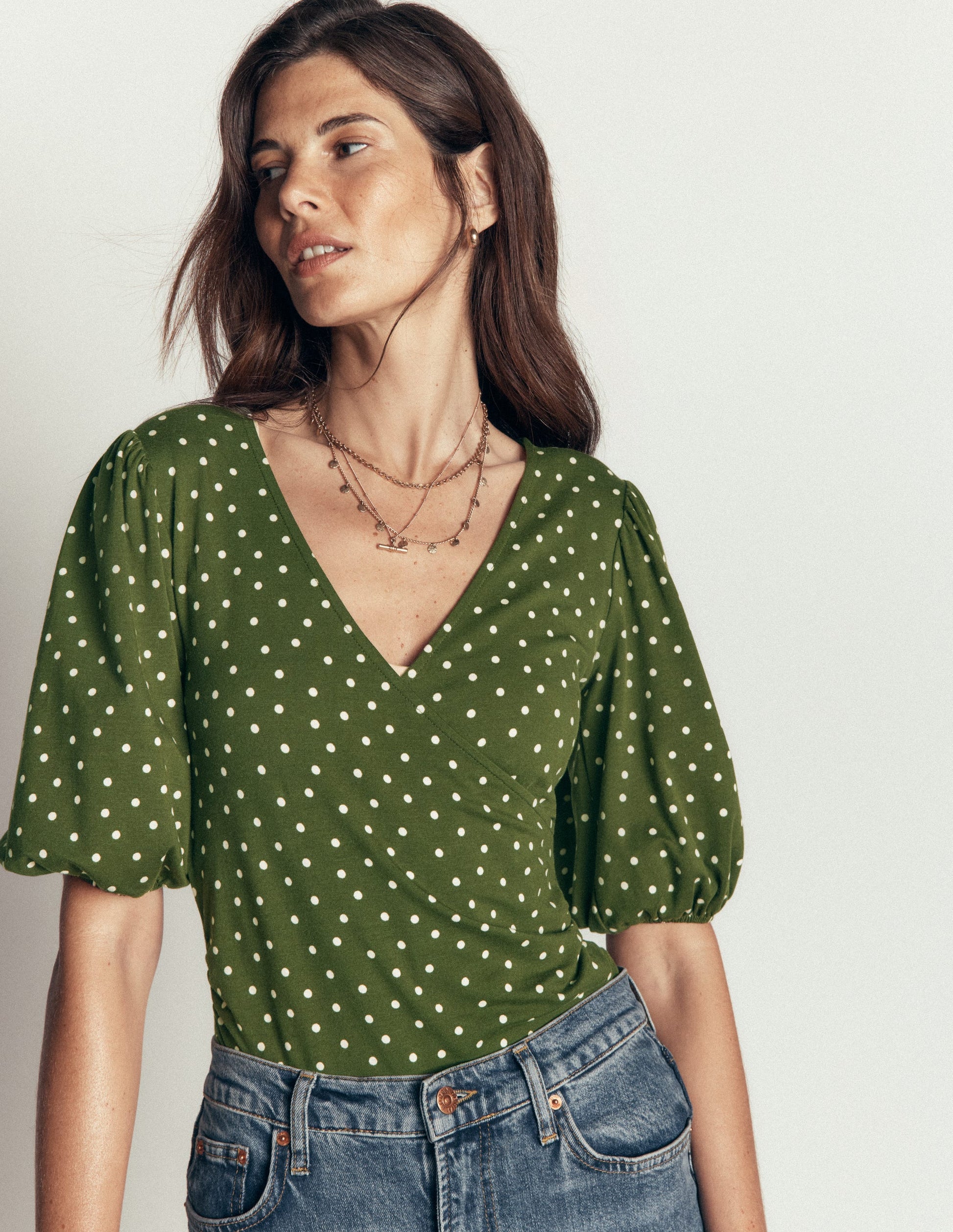 Tia Ruched Wrap Top-Brunswick Green, Painted Dot-1