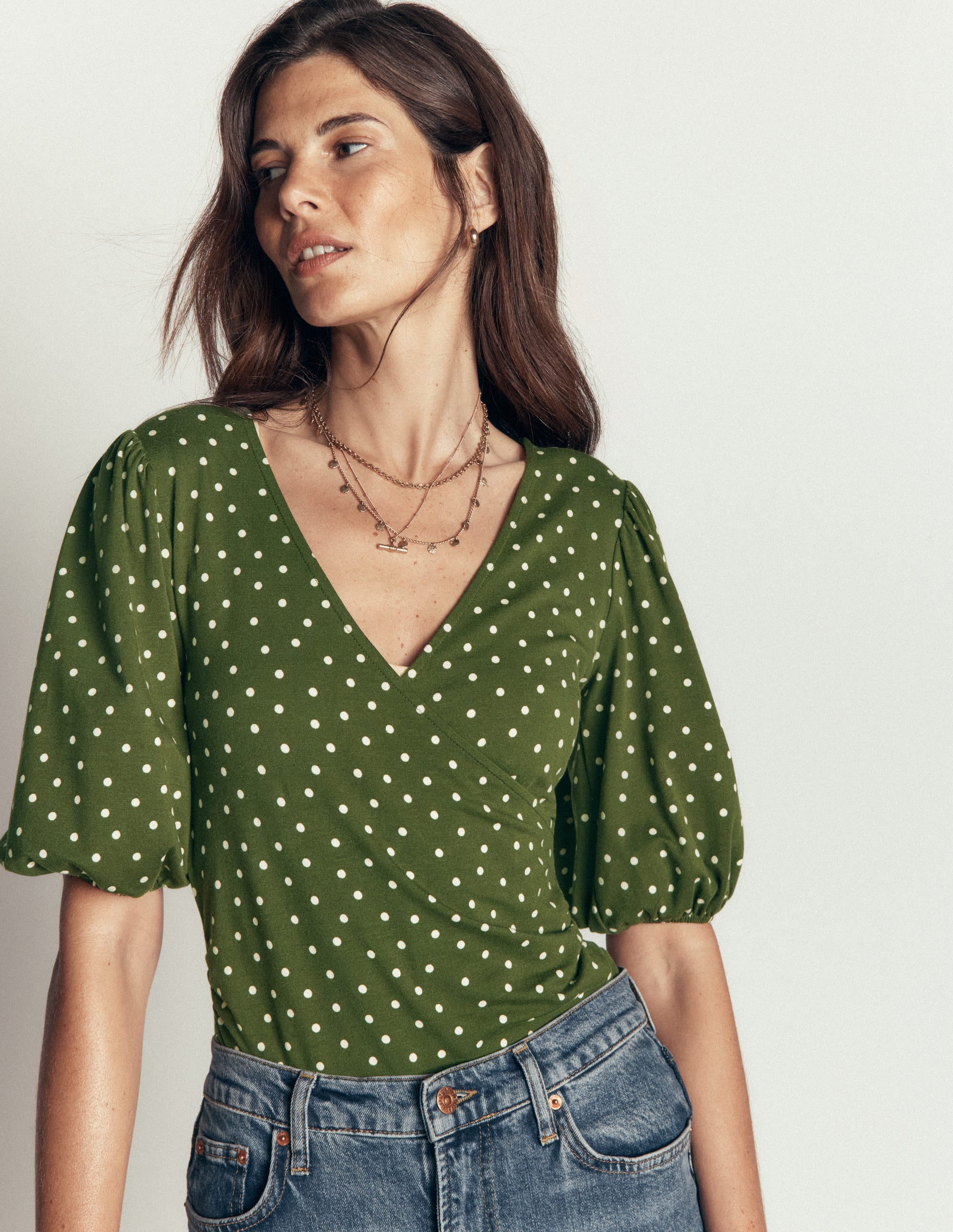 Tia Ruched Wrap Top-Brunswick Green, Painted Dot - Image 1