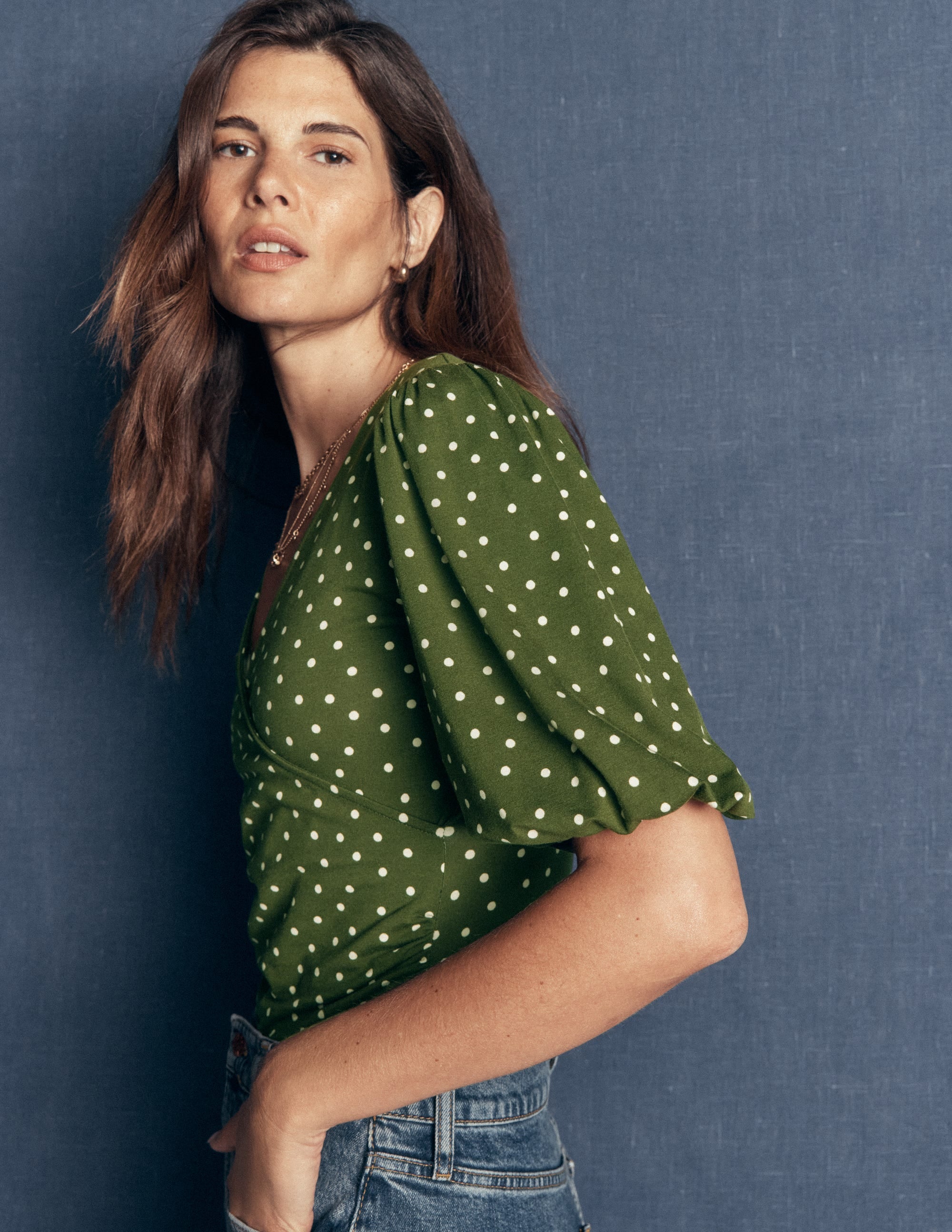 Tia Ruched Wrap Top-Brunswick Green, Painted Dot - Image 2