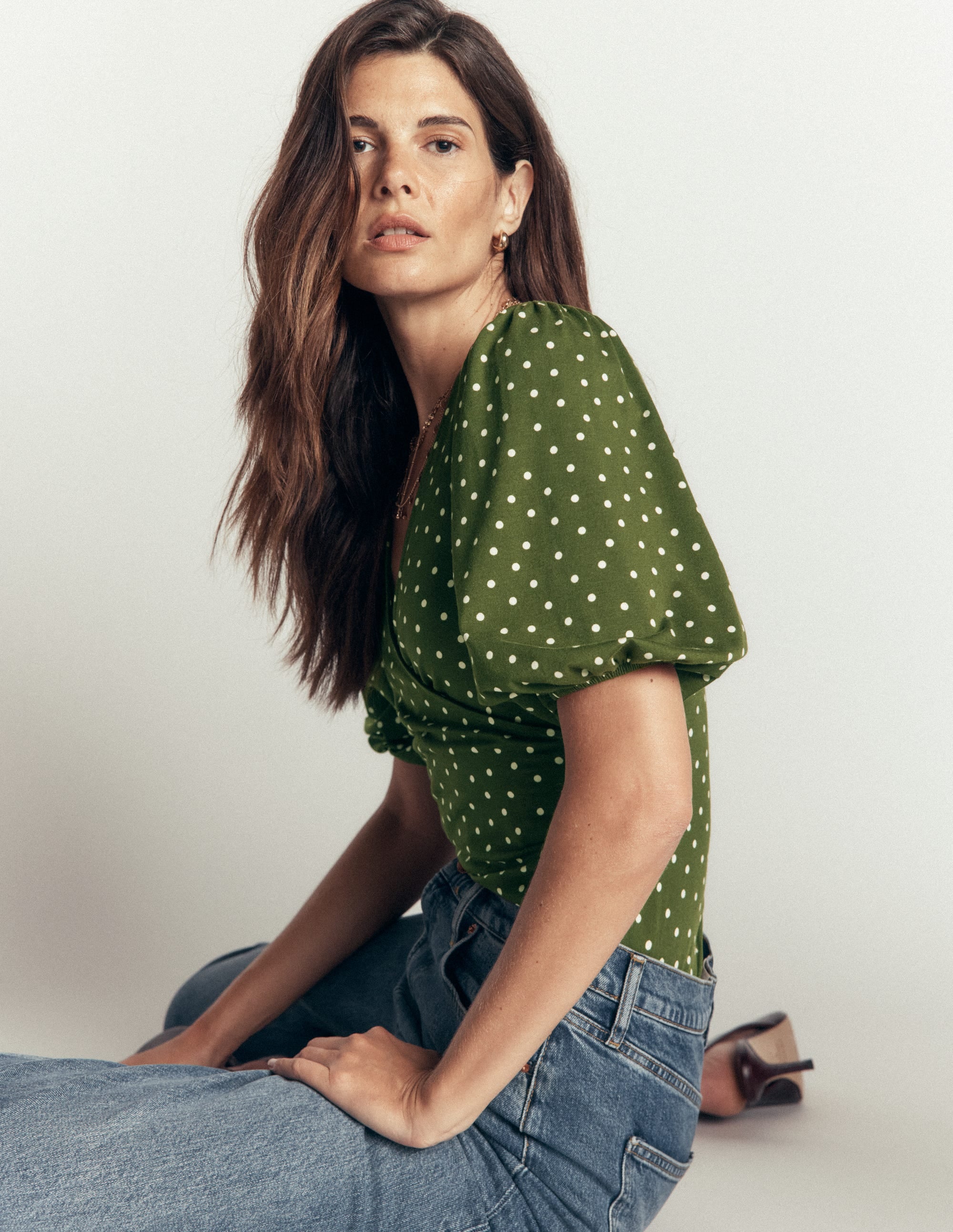 Tia Ruched Wrap Top-Brunswick Green, Painted Dot - Image 4