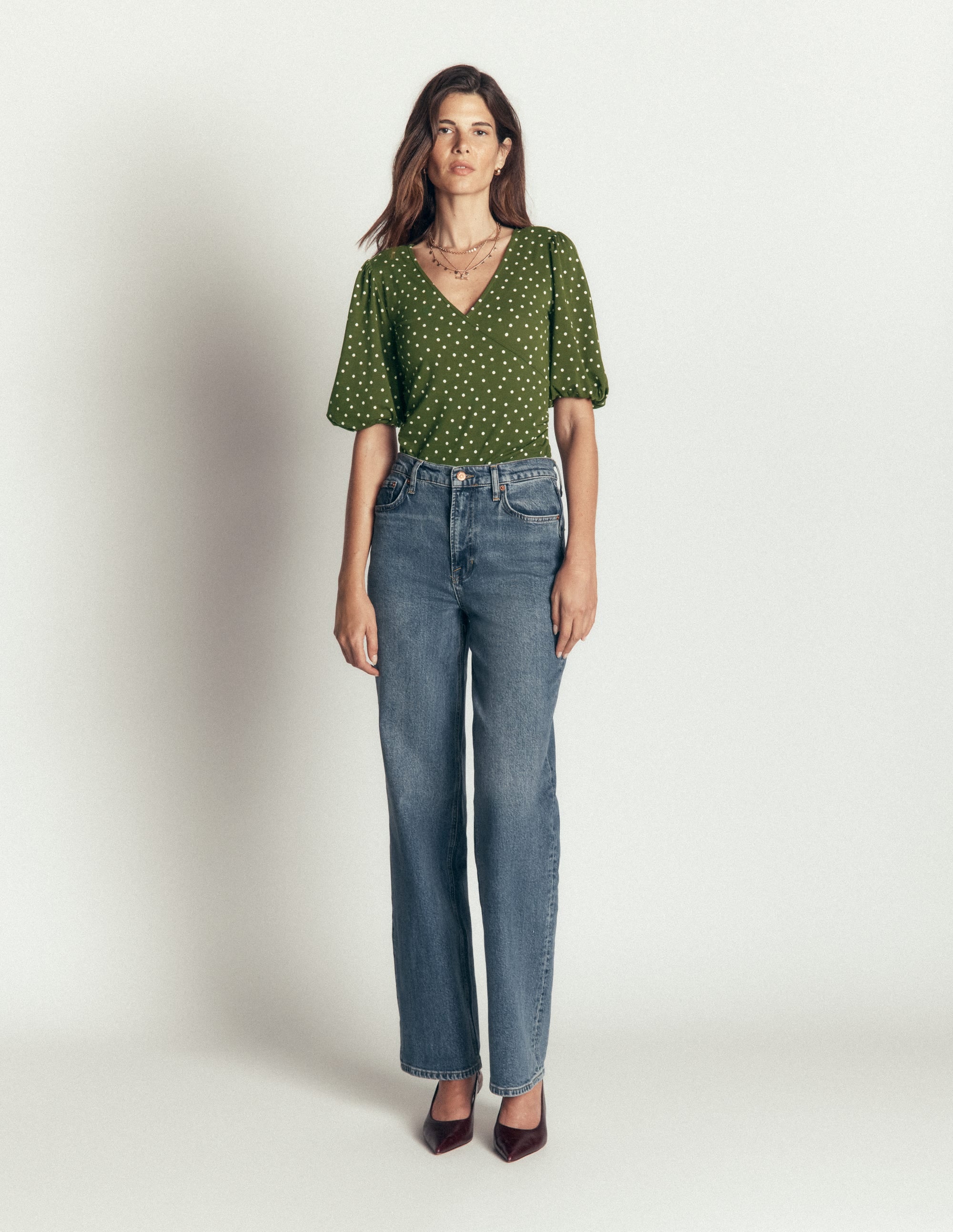 Tia Ruched Wrap Top-Brunswick Green, Painted Dot - Image 5