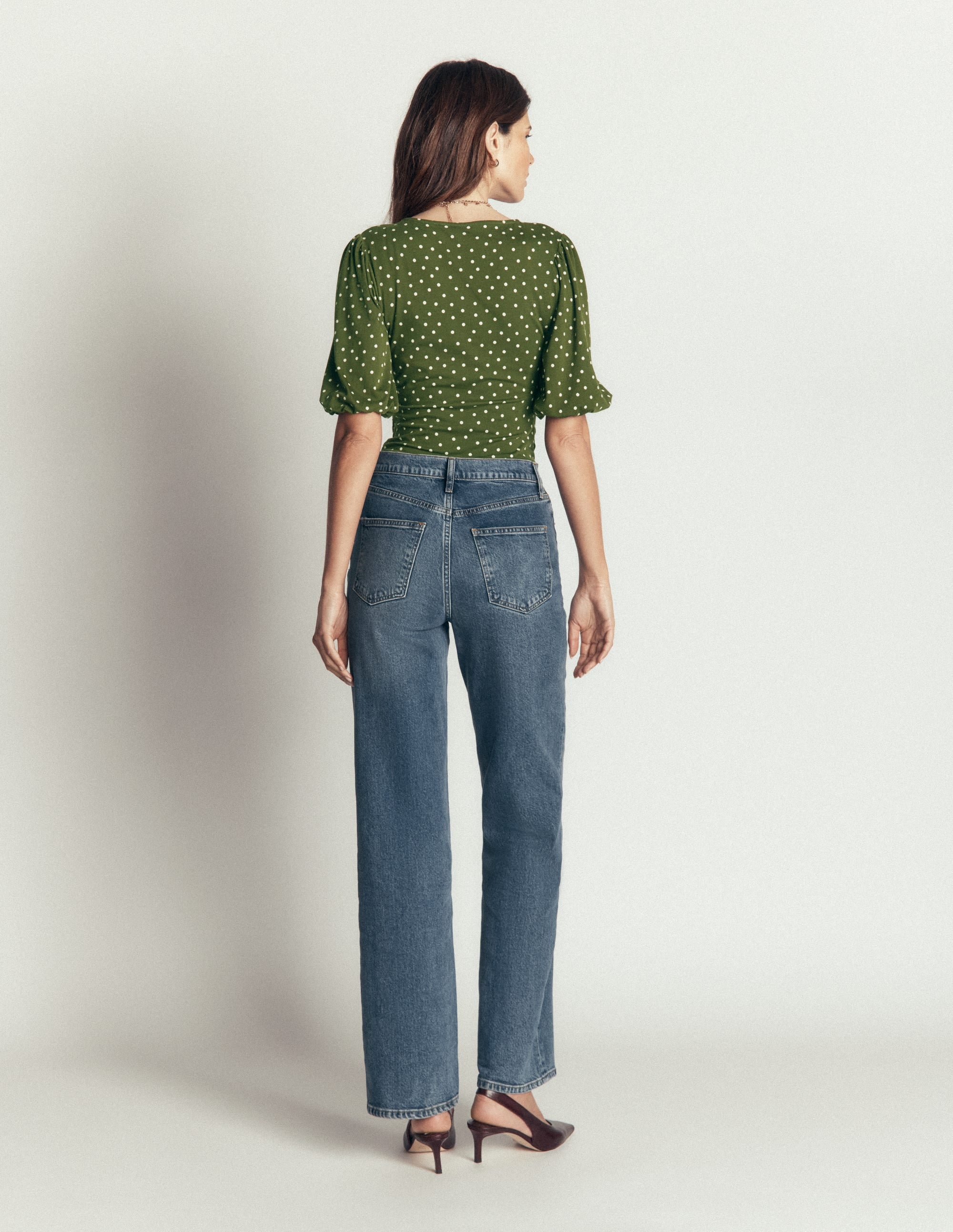 Tia Ruched Wrap Top-Brunswick Green, Painted Dot - Image 6