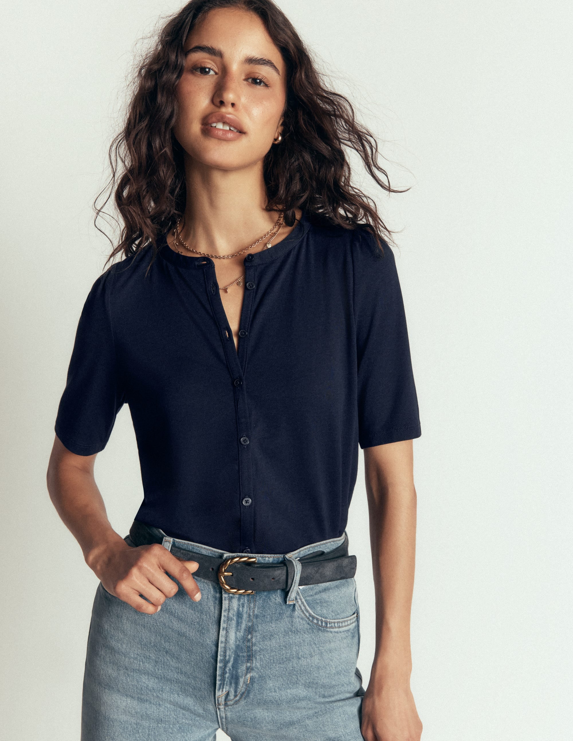 Short Puff Sleeve Top-Navy - Image 1
