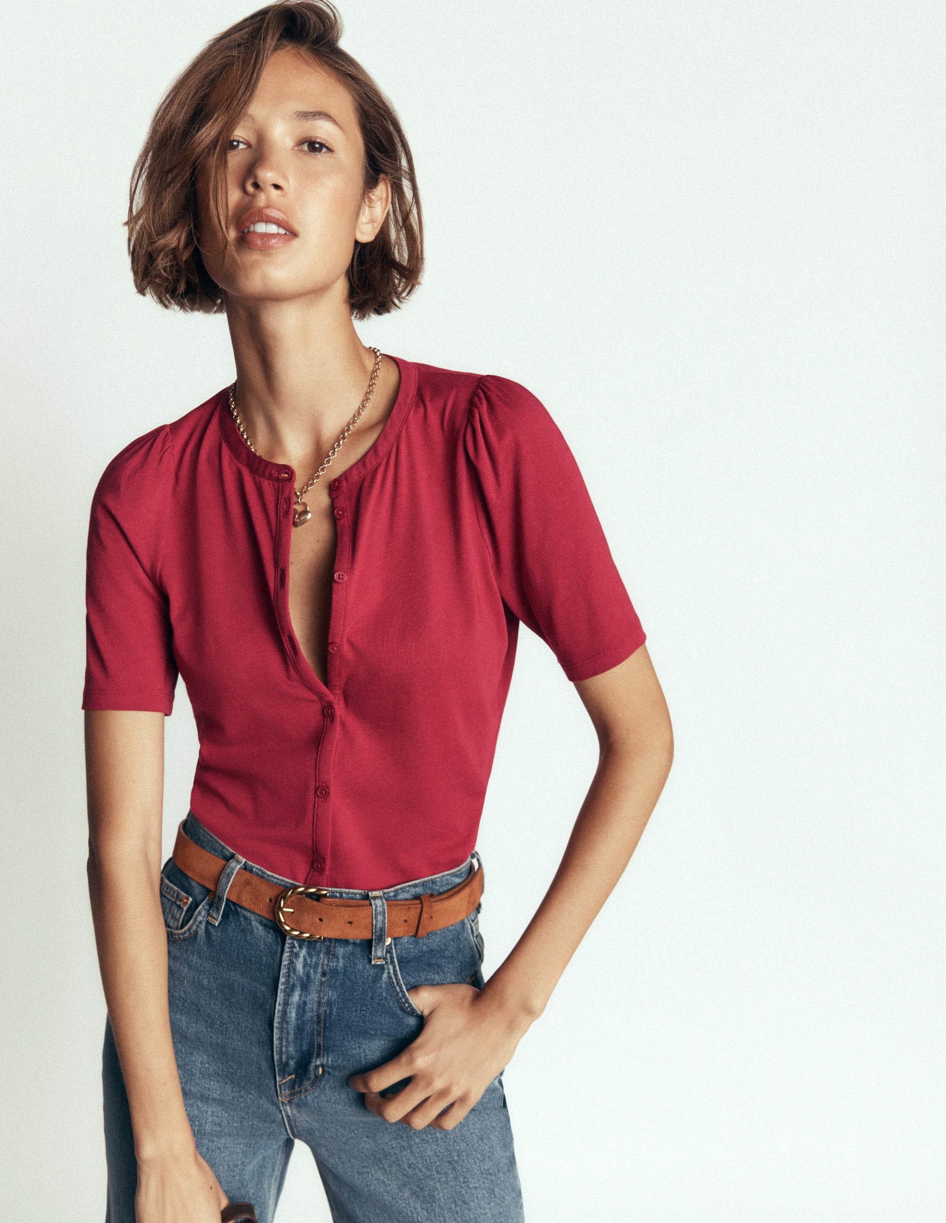 Short Puff Sleeve Top-Red Earth-1