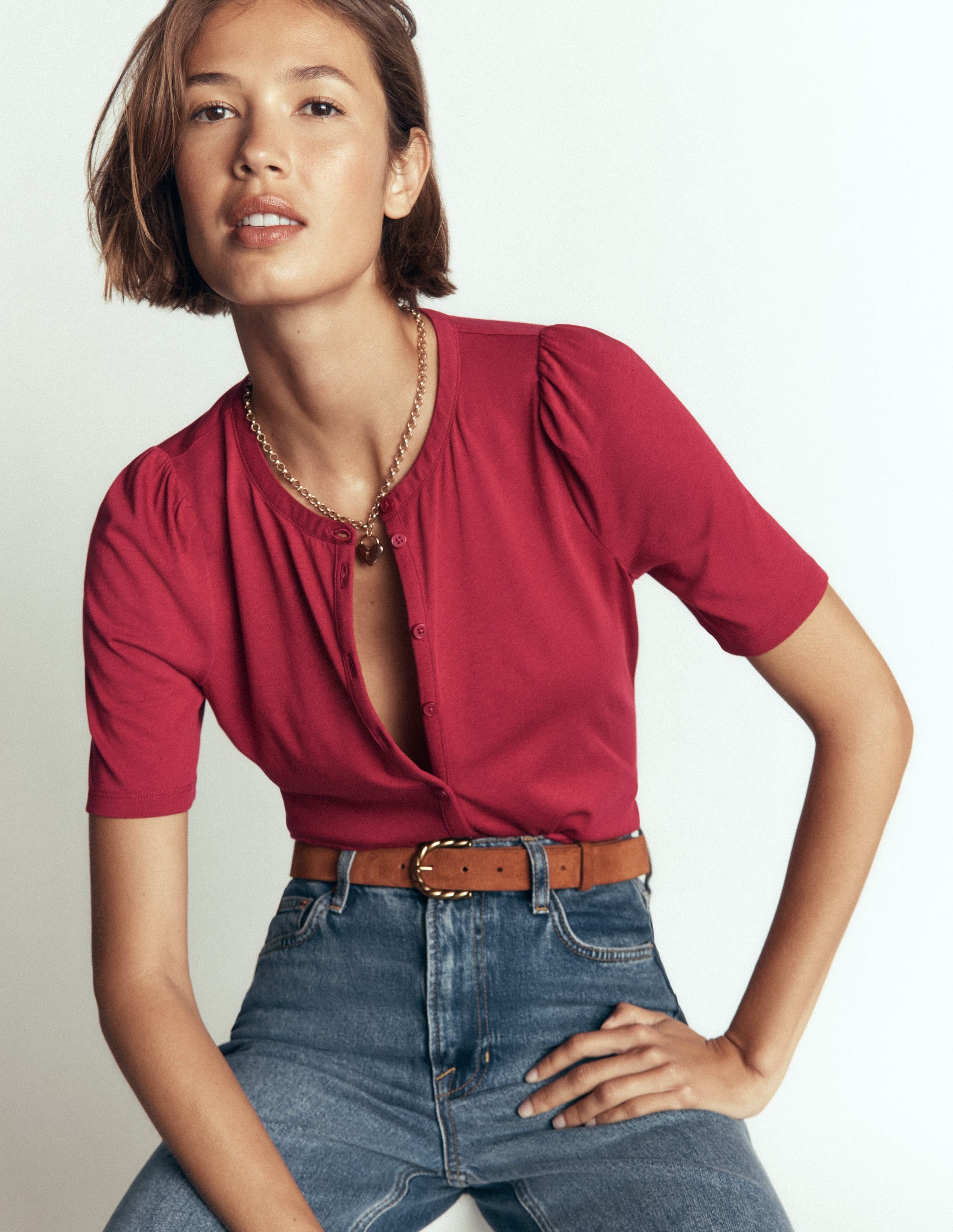 Short Puff Sleeve Top-Red Earth - Image 4