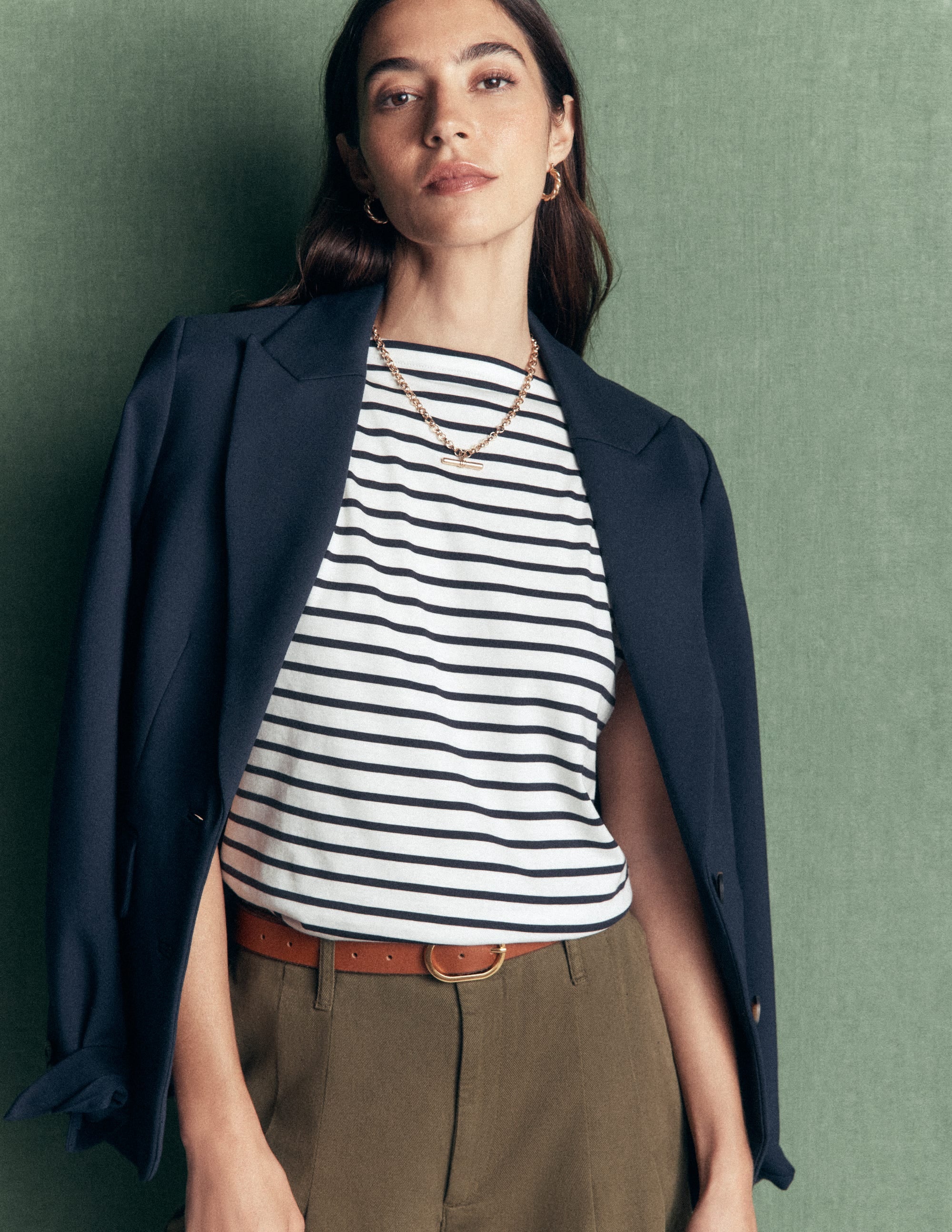 Supersoft Slash Neck T-Shirt-Ivory, Navy Stripe - Image 1