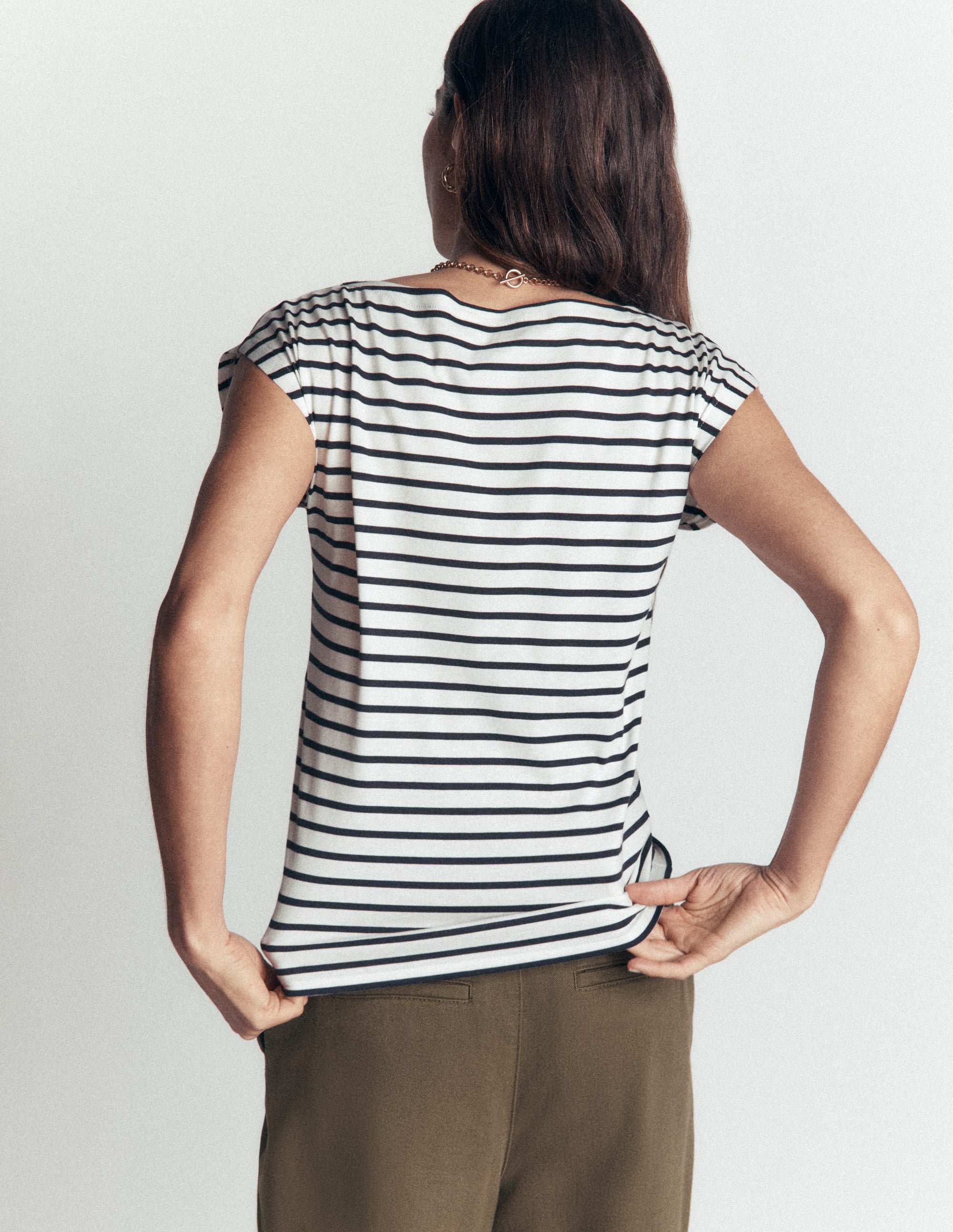 Supersoft Slash Neck T-Shirt-Ivory, Navy Stripe - Image 3